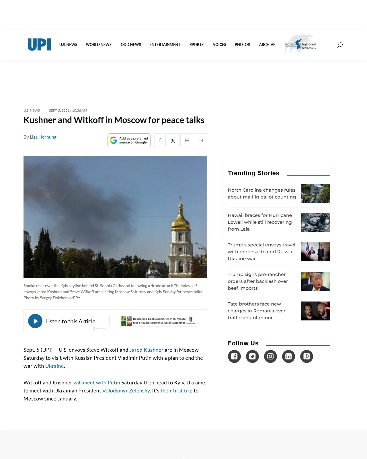 upi.com as published: Kushner and Witkoff in Moscow for peace talks