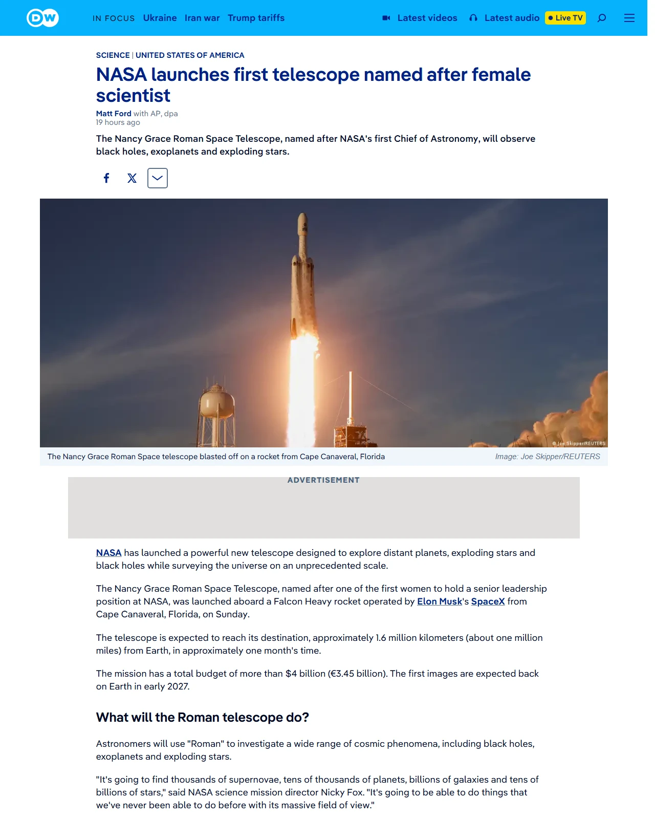 dw.com as published: NASA launches first telescope named after female scientist