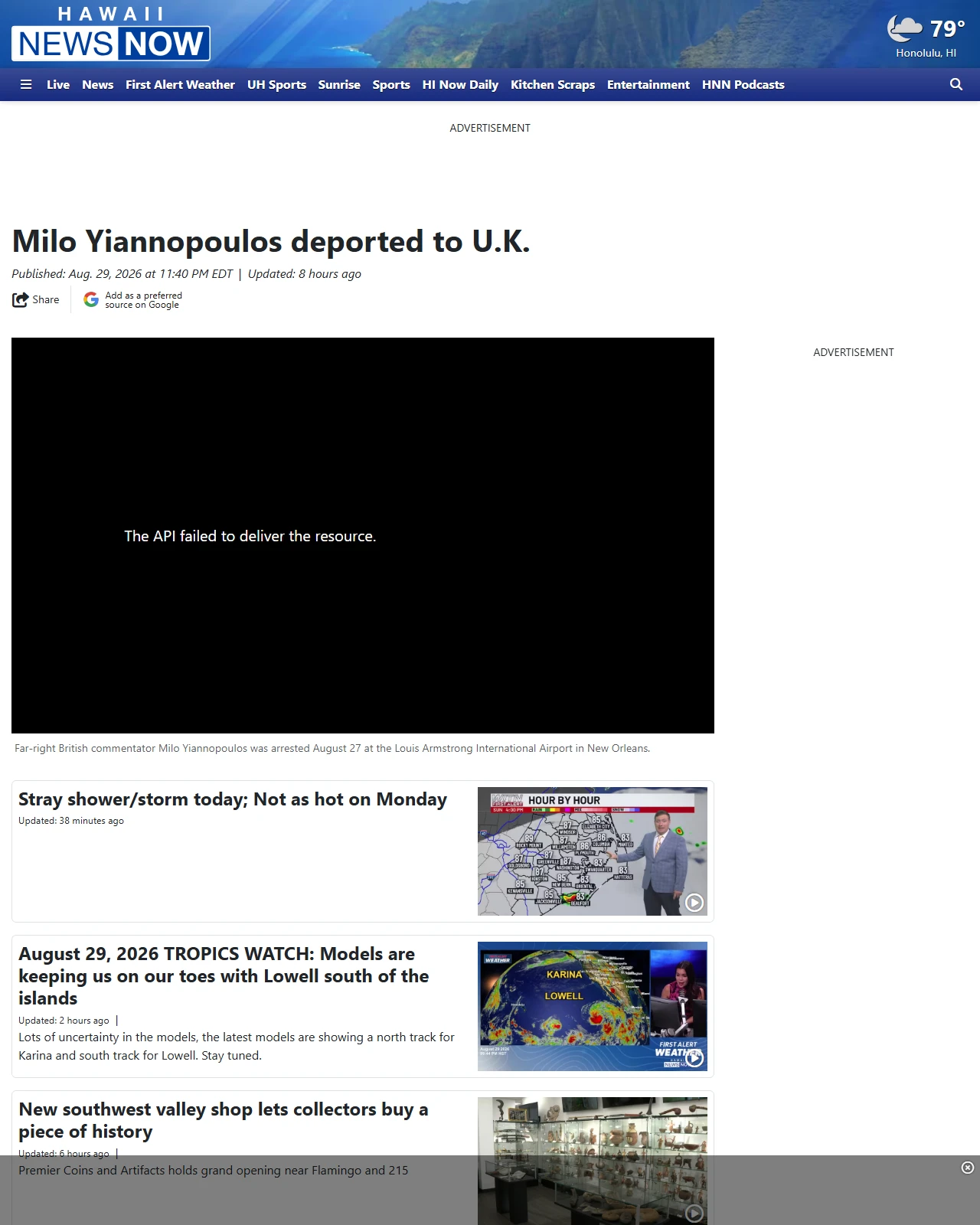 hawaiinewsnow.com as published: Milo Yiannopoulos deported to U.K.