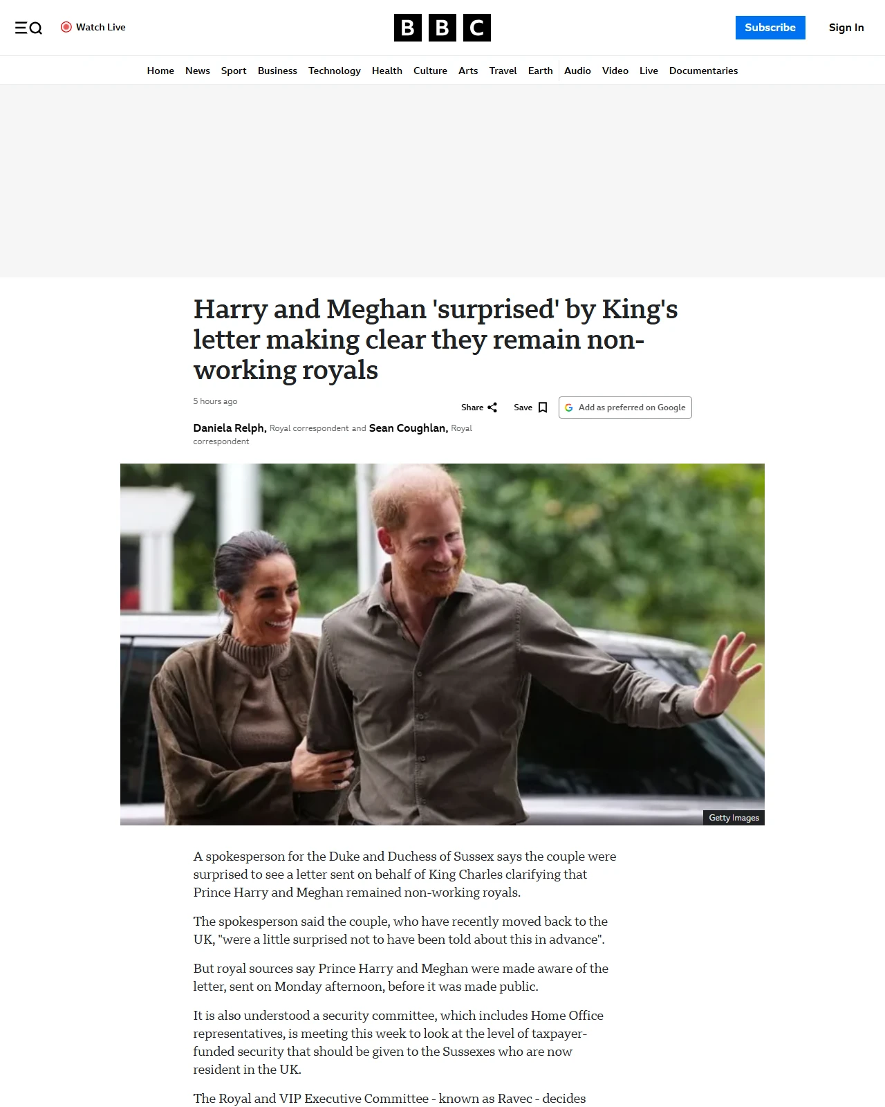bbc.co.uk as published: Harry and Meghan 'surprised' by King's letter making clear they remain non-working royals