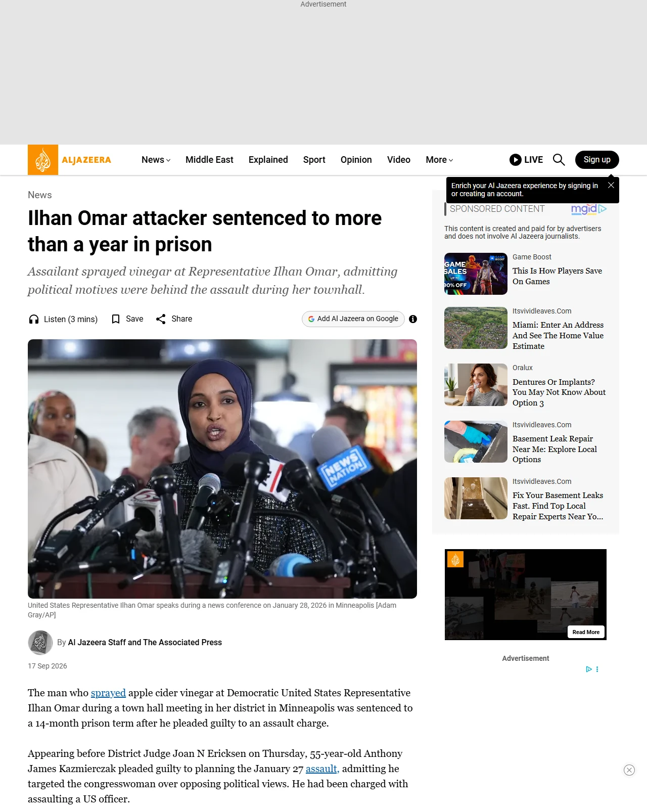 aljazeera.com as published: Ilhan Omar attacker sentenced to more than a year in prison