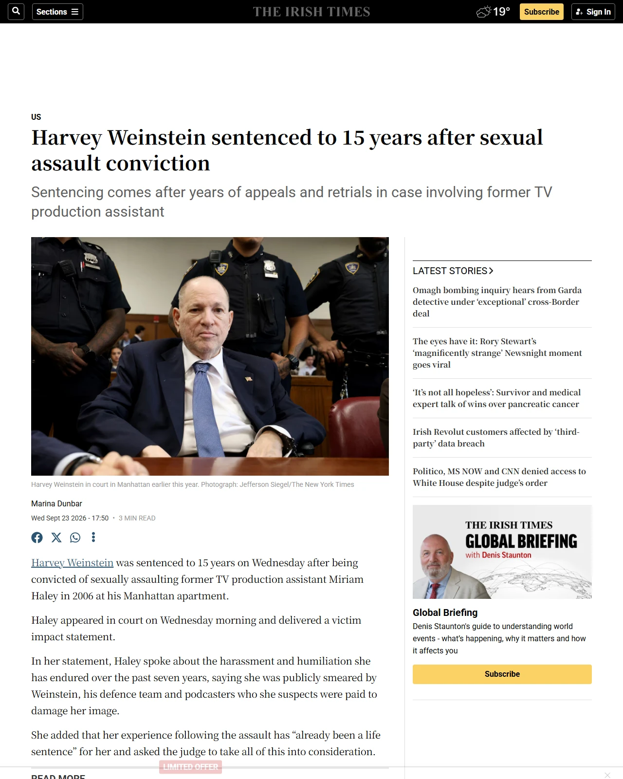irishtimes.com as published: Harvey Weinstein sentenced to 15 years after sexual assault conviction