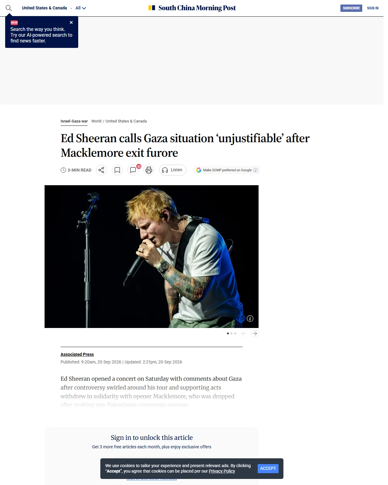 scmp.com as published: Ed Sheeran calls Gaza situation ‘unjustifiable’ after Macklemore exit furore