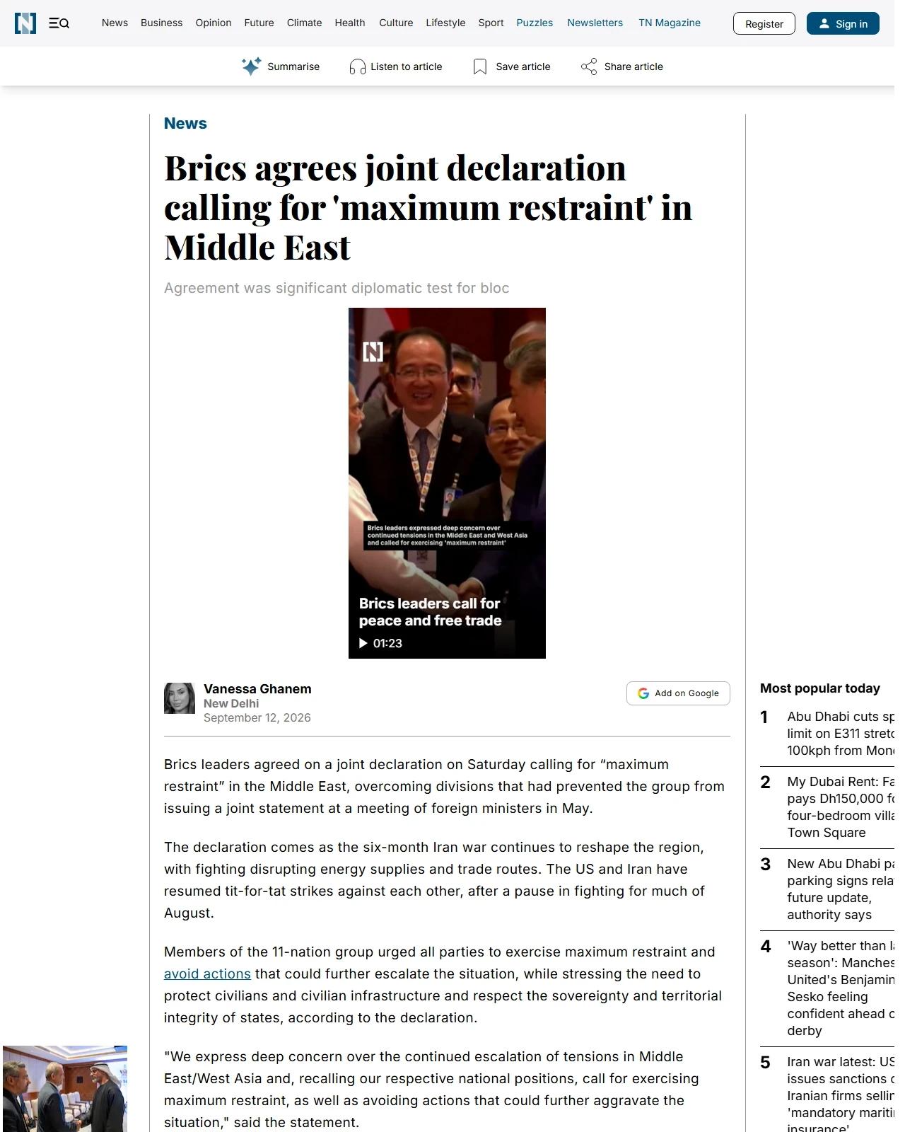 thenationalnews.com as published: Brics agrees joint declaration calling for 'maximum restraint' in Middle East