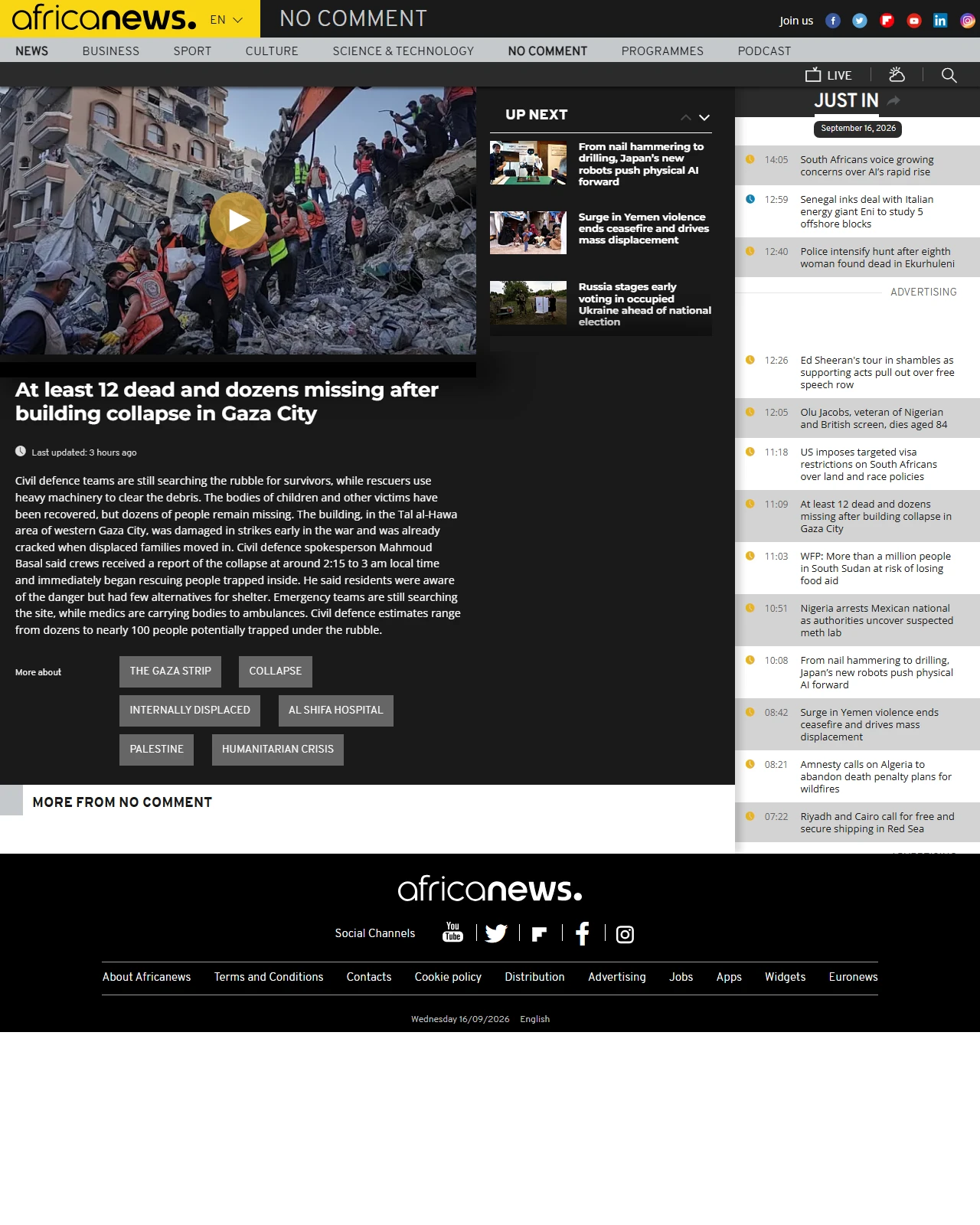africanews.com as published: At least 12 dead and dozens missing after building collapse in Gaza City