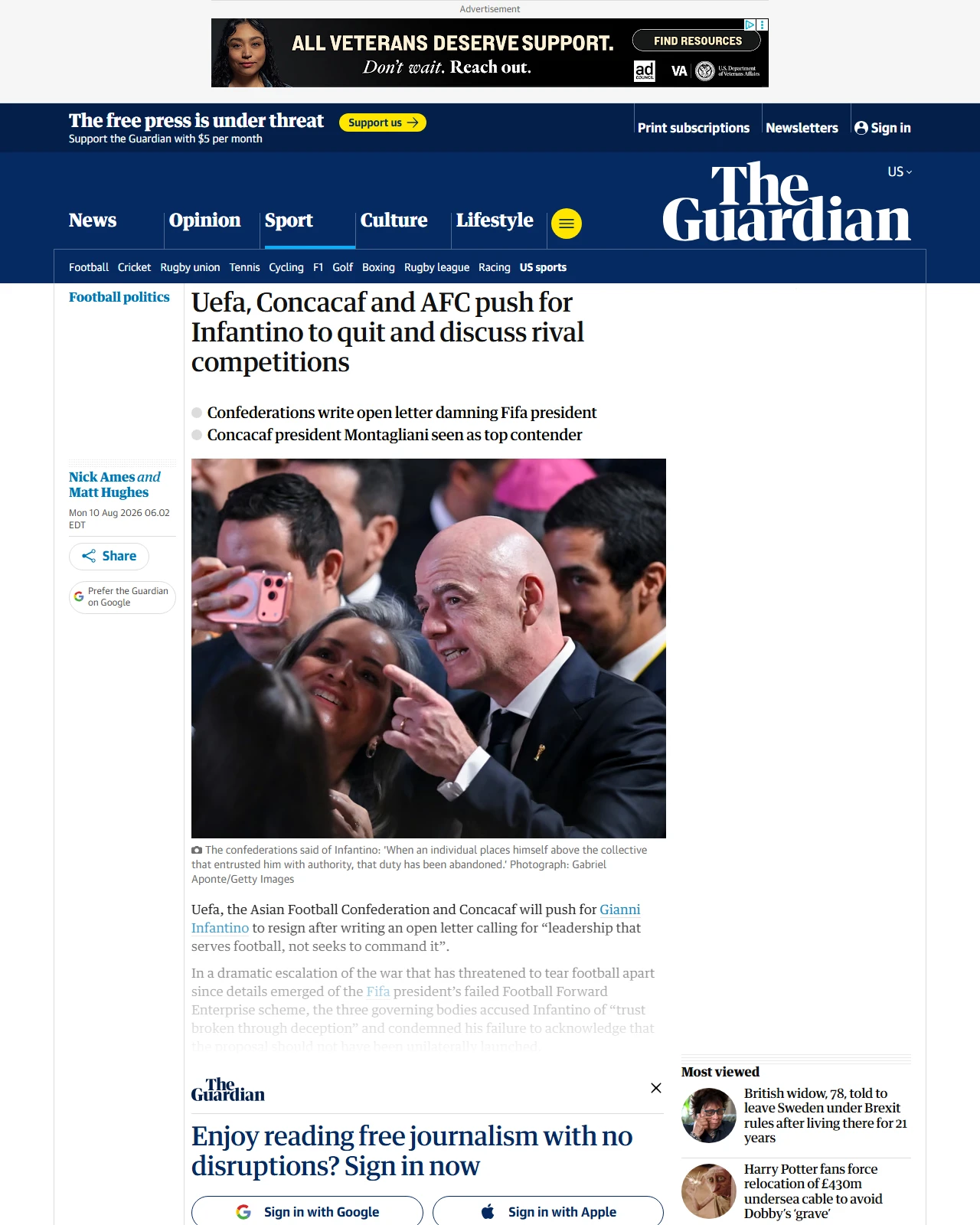 theguardian.com as published: Uefa, Concacaf and AFC push for Infantino to quit and discuss rival competitions