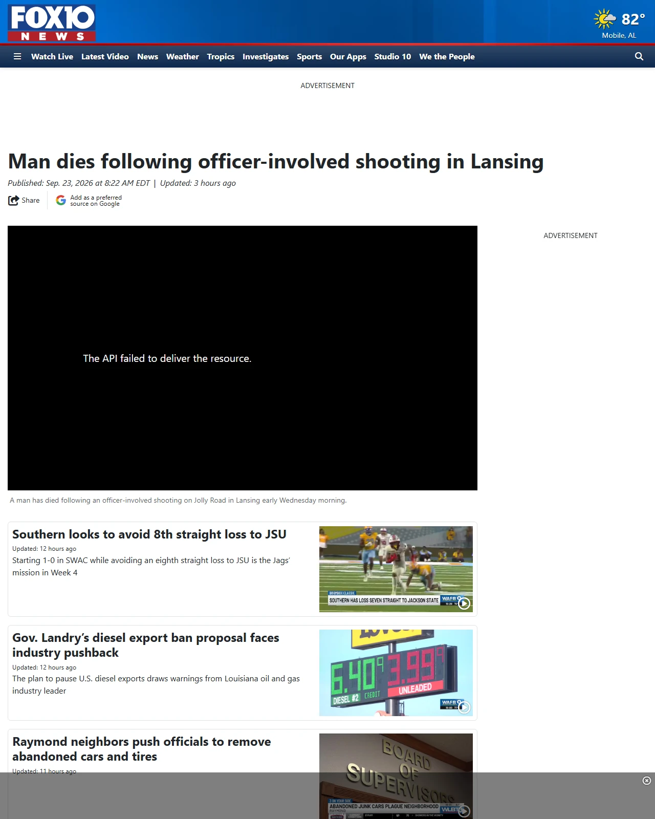 fox10tv.com as published: Man dies following officer-involved shooting in Lansing