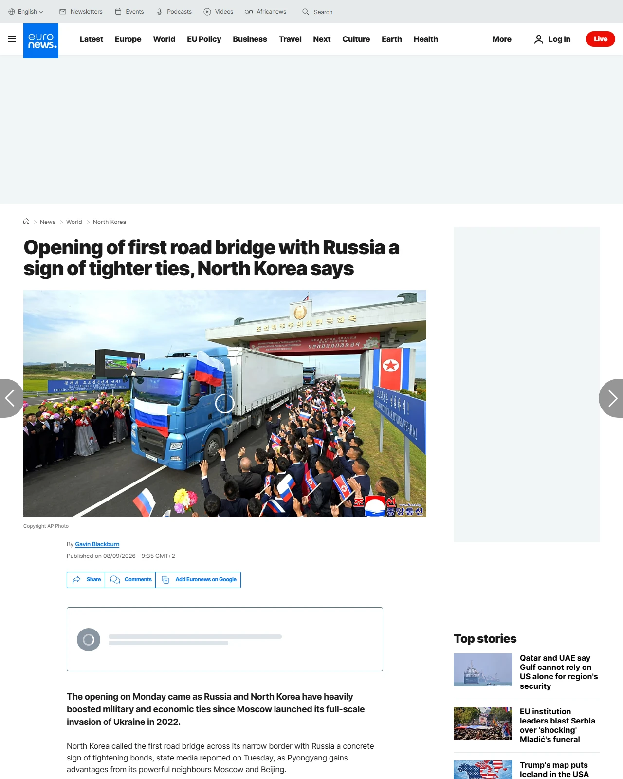 euronews.com as published: Opening of first road bridge with Russia a sign of tighter ties, North Korea says