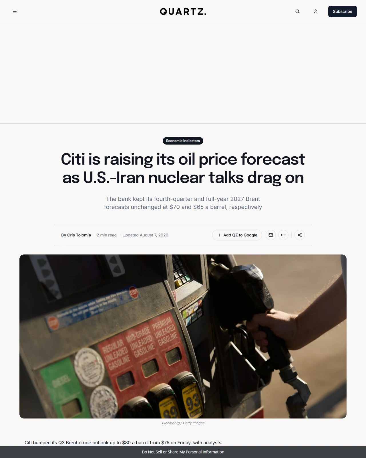 qz.com as published: Citi raises Q3 2026 Brent crude oil forecast to $80 a barrel