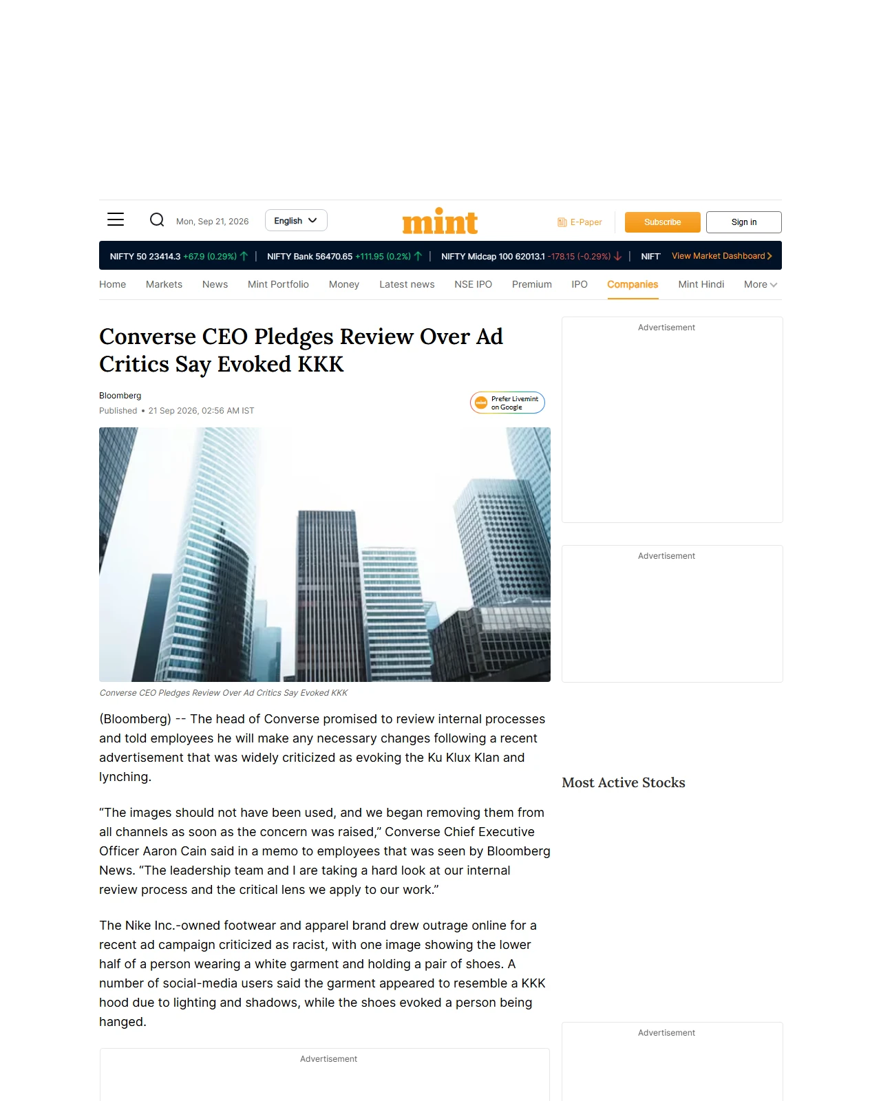 livemint.com as published: Converse CEO Pledges Review Over Ad Critics Say Evoked KKK