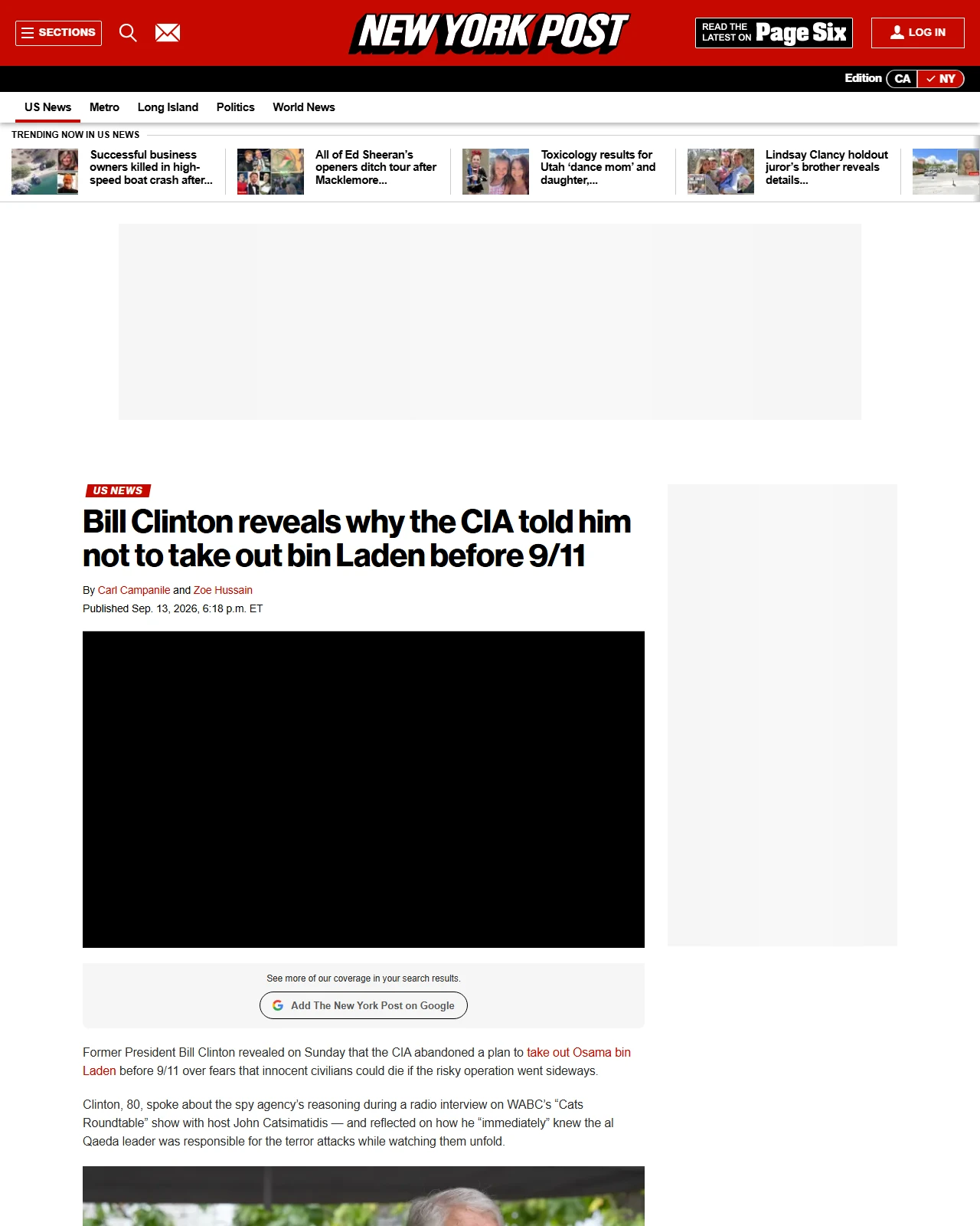 nypost.com as published: Bill Clinton reveals why the CIA told him not to take out bin Laden before 9/11