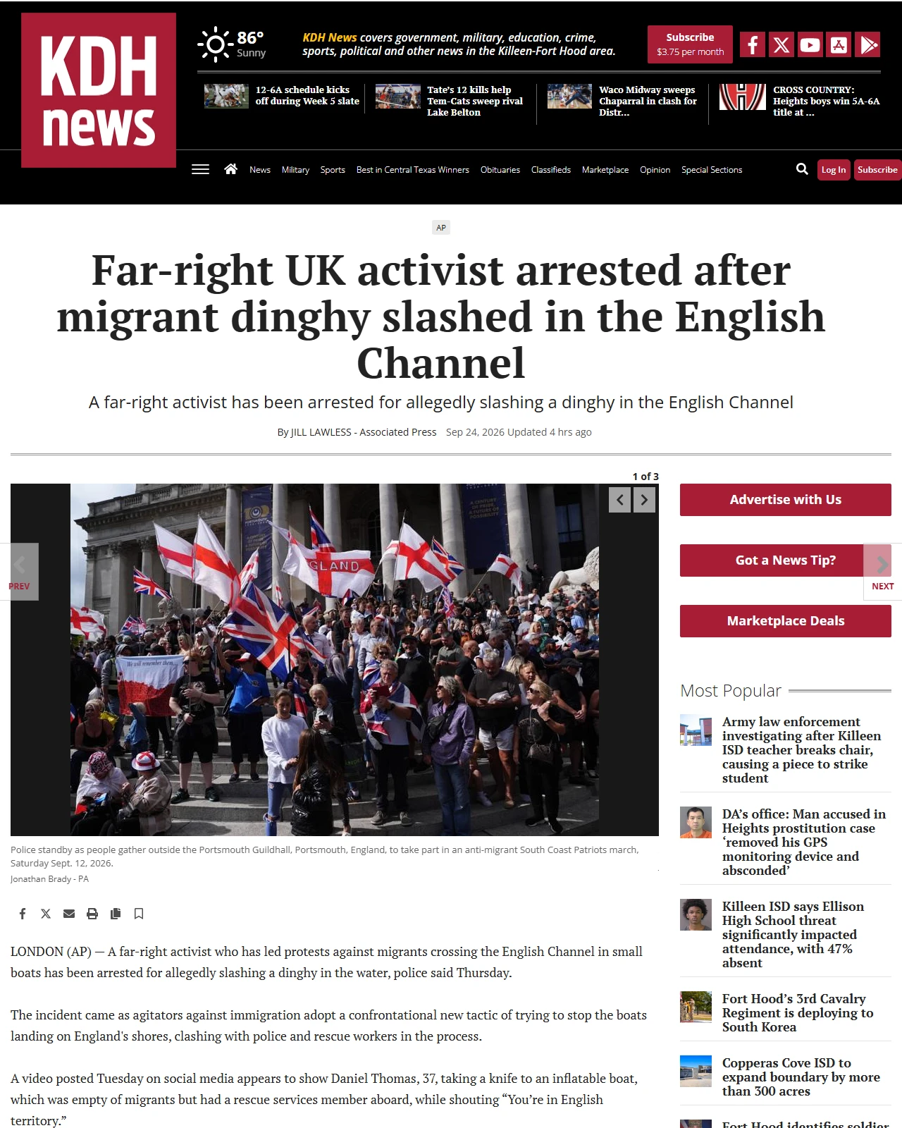kdhnews.com as published: Far-right UK activist arrested after migrant dinghy slashed in the English Channel