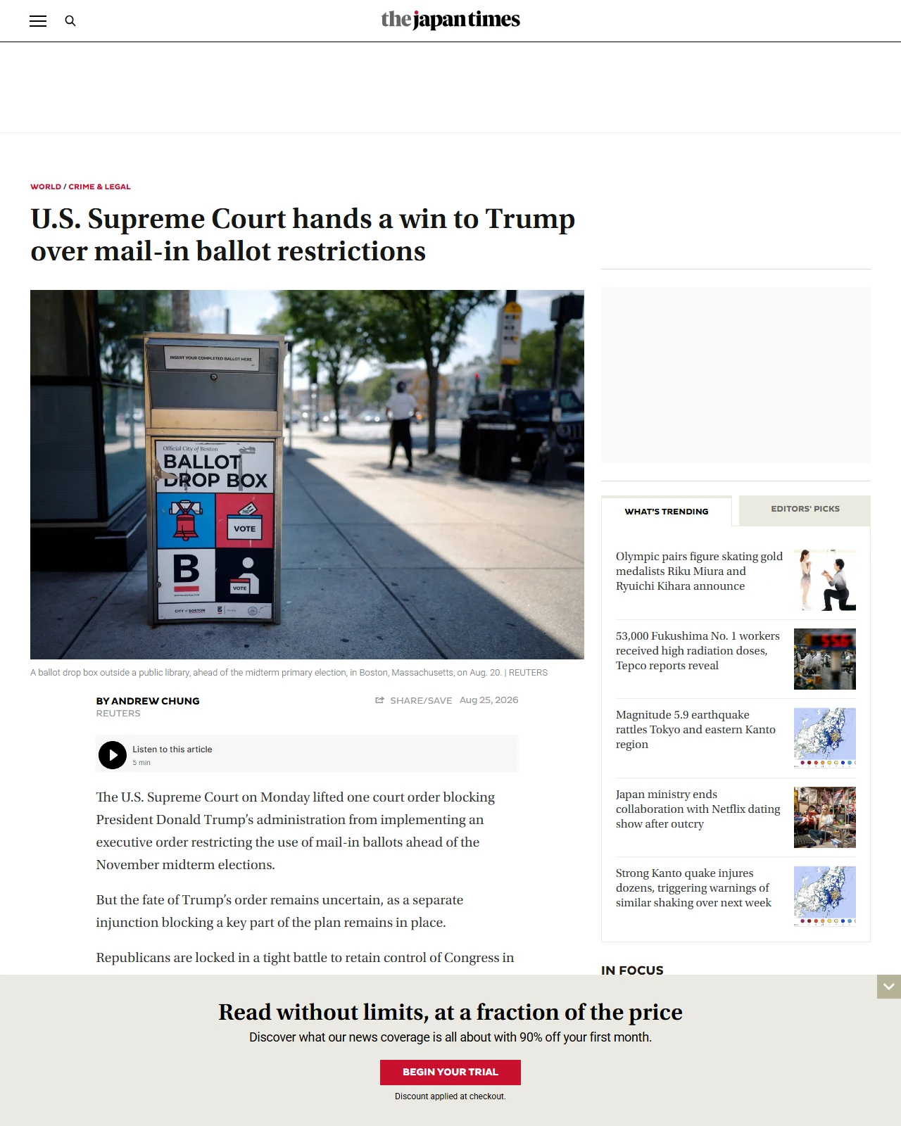 japantimes.co.jp as published: U.S. Supreme Court hands a win to Trump over mail-in ballot restrictions