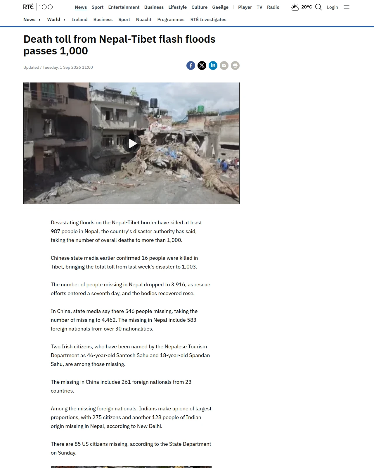 rte.ie as published: Death toll from Nepal-Tibet flash floods passes 1,000