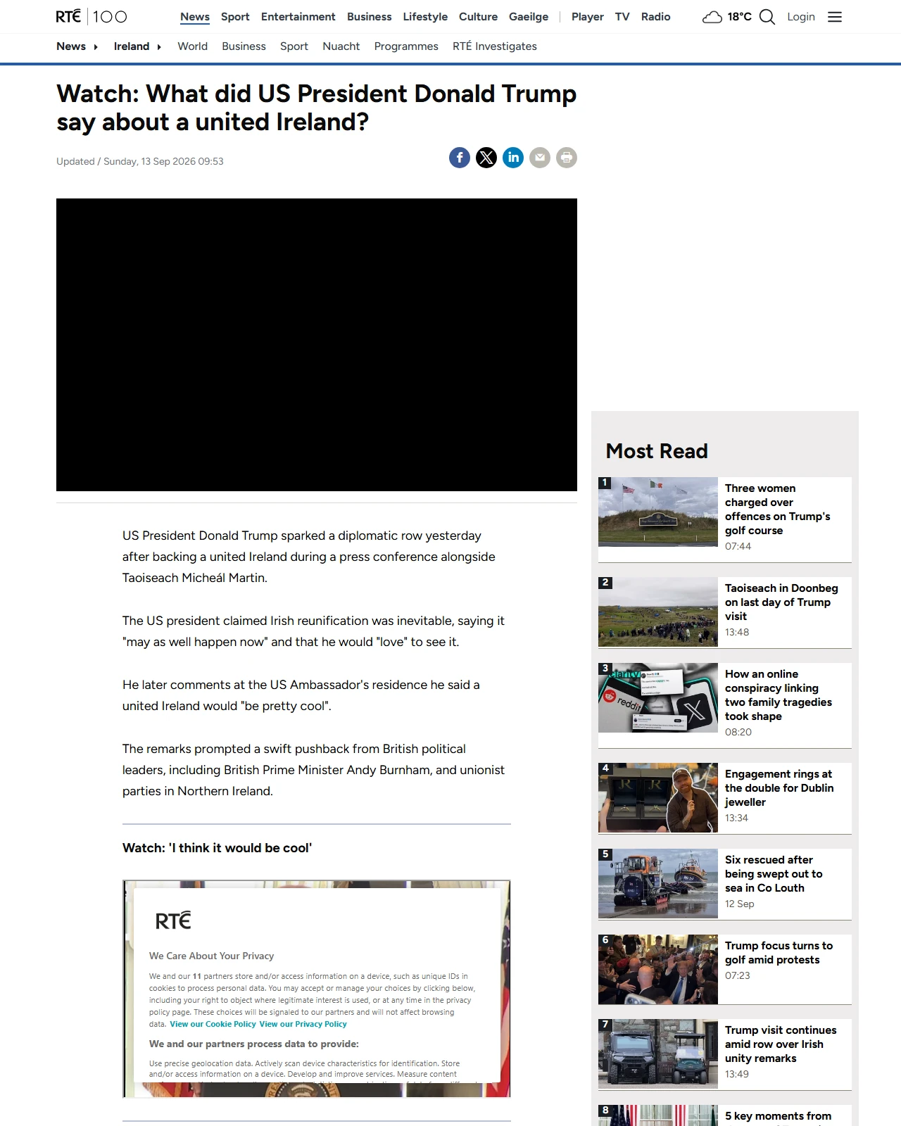 rte.ie as published: Watch: What did Donald Trump say about a united Ireland?