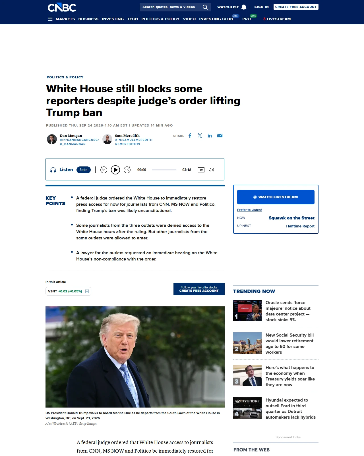 cnbc.com as published: White House still blocks some reporters despite judge's order lifting Trump ban