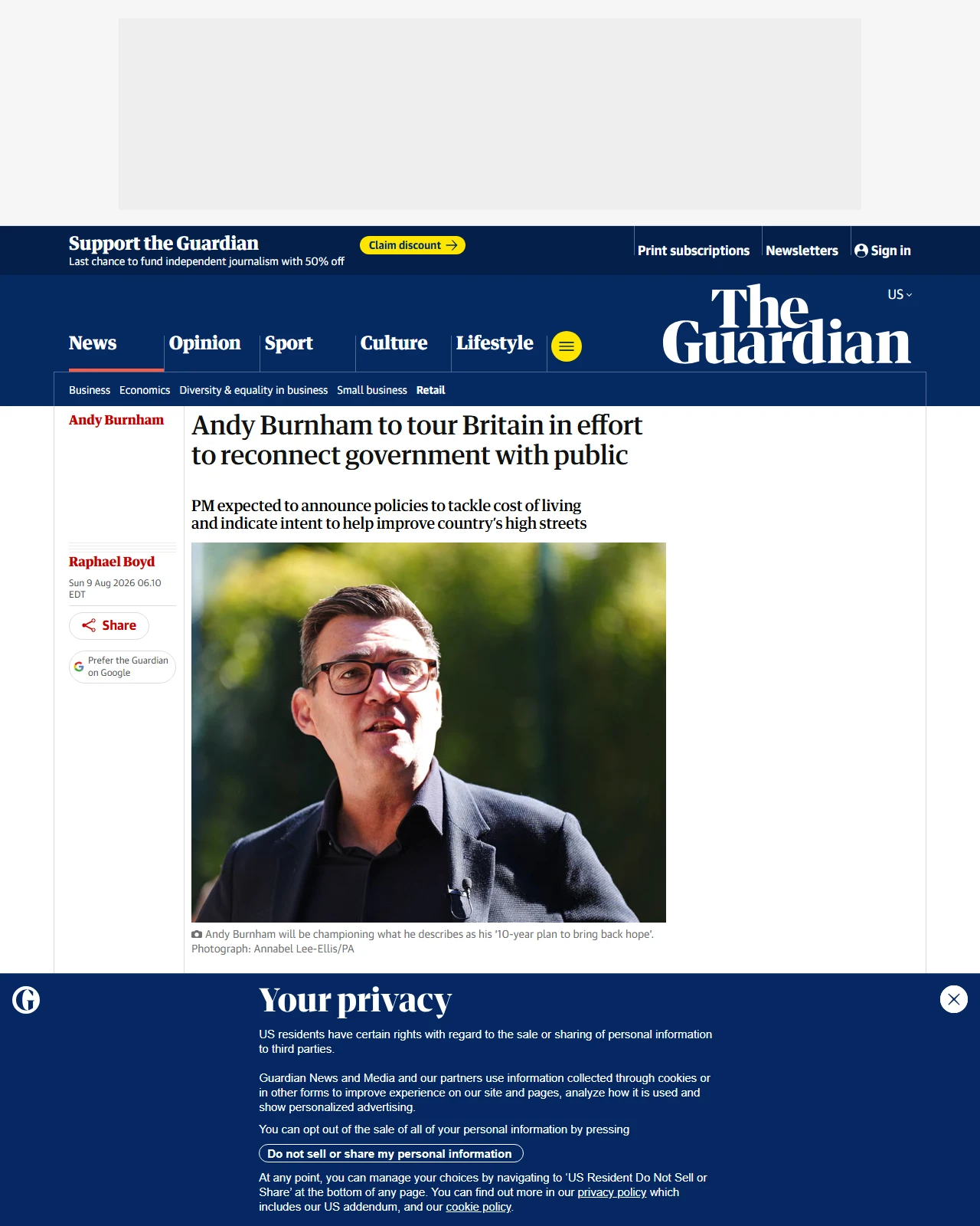 theguardian.com as published: Andy Burnham to tour Britain in effort to reconnect government with public