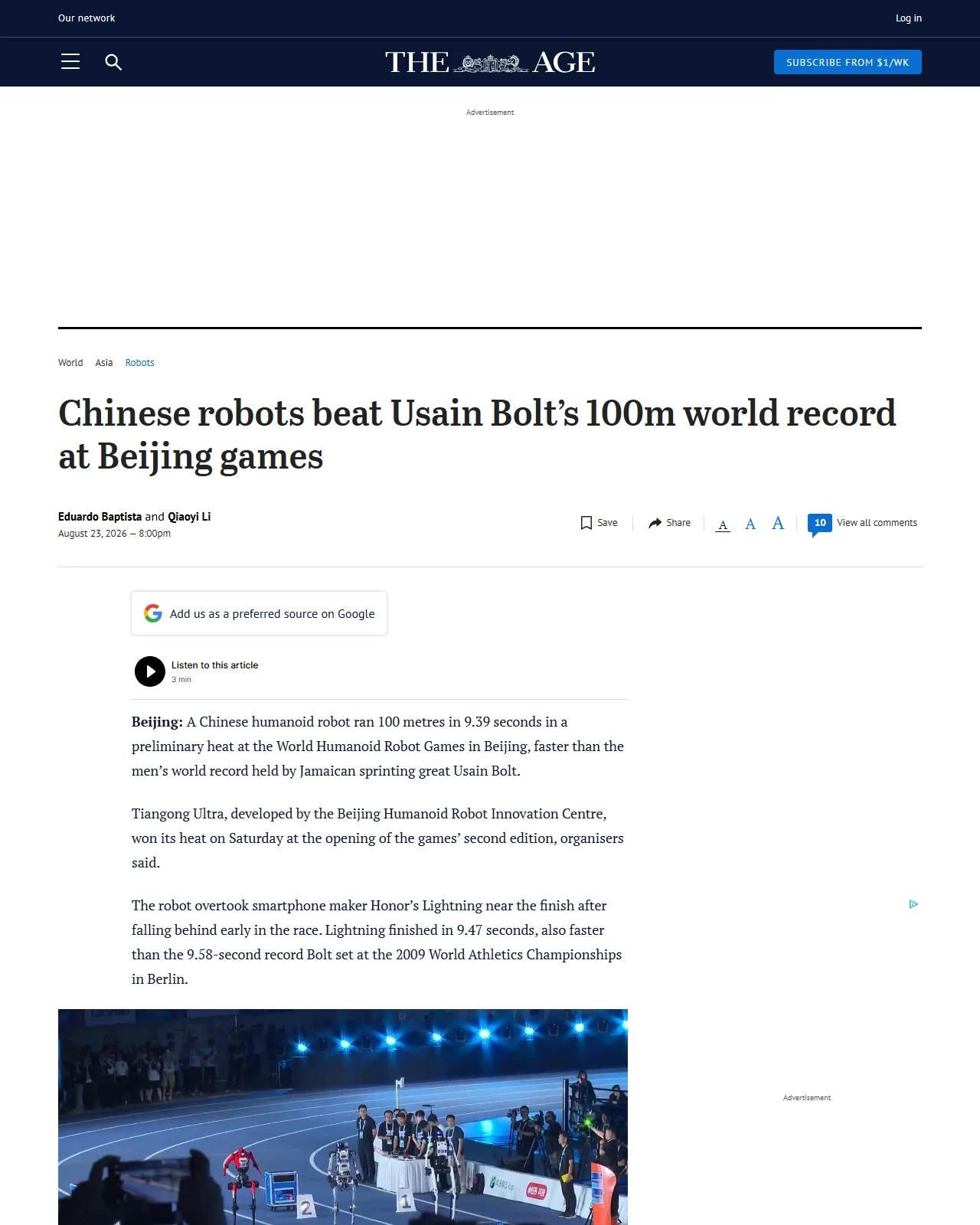 theage.com.au as published: Chinese robots beat Usain Bolt’s 100m world record at Beijing games
