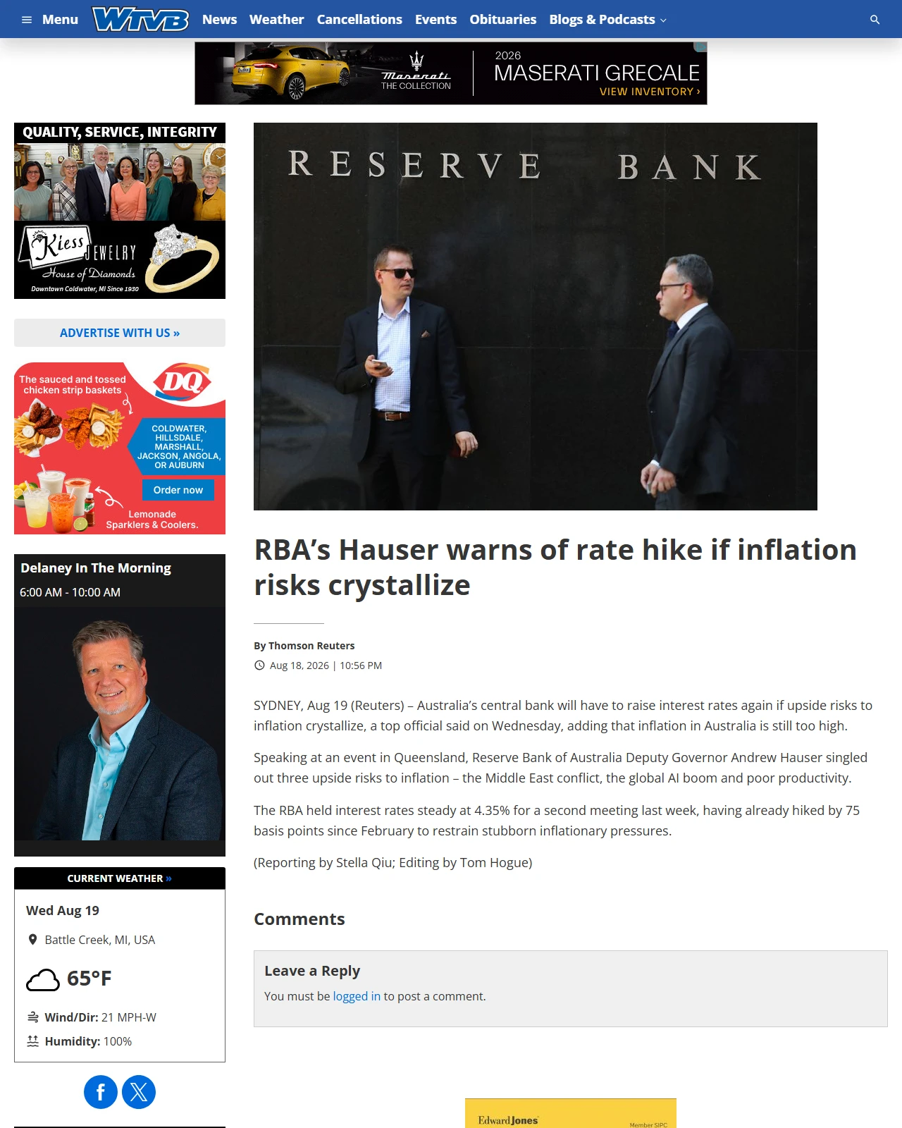wtvbam.com as published: RBA’s Hauser warns of rate hike if inflation risks crystallize