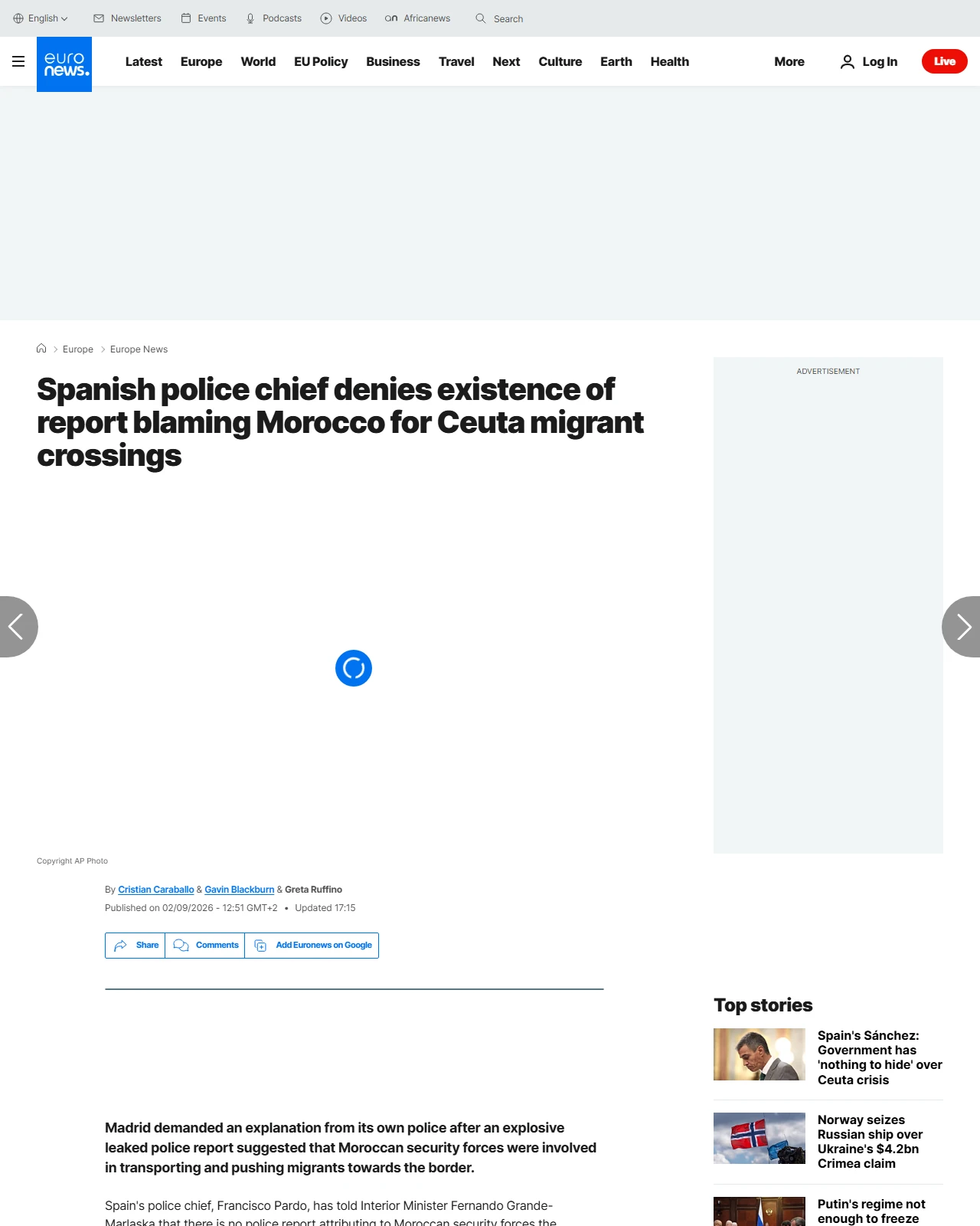 euronews.com as published: Spanish police chief says no report blames Morocco for Ceuta crossings