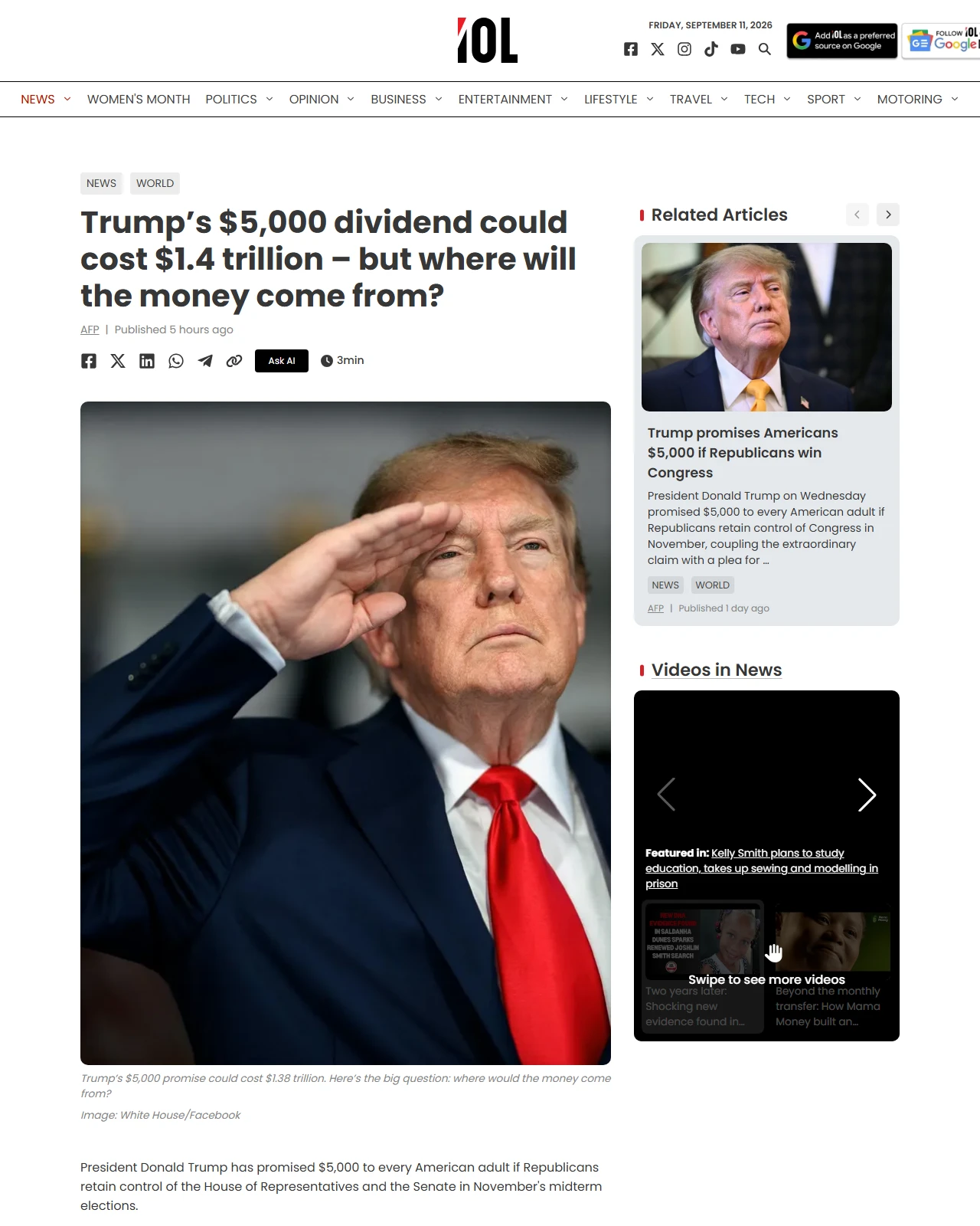iol.co.za as published: Trump’s $5,000 dividend could cost $1.4 trillion – but where will the money come from?