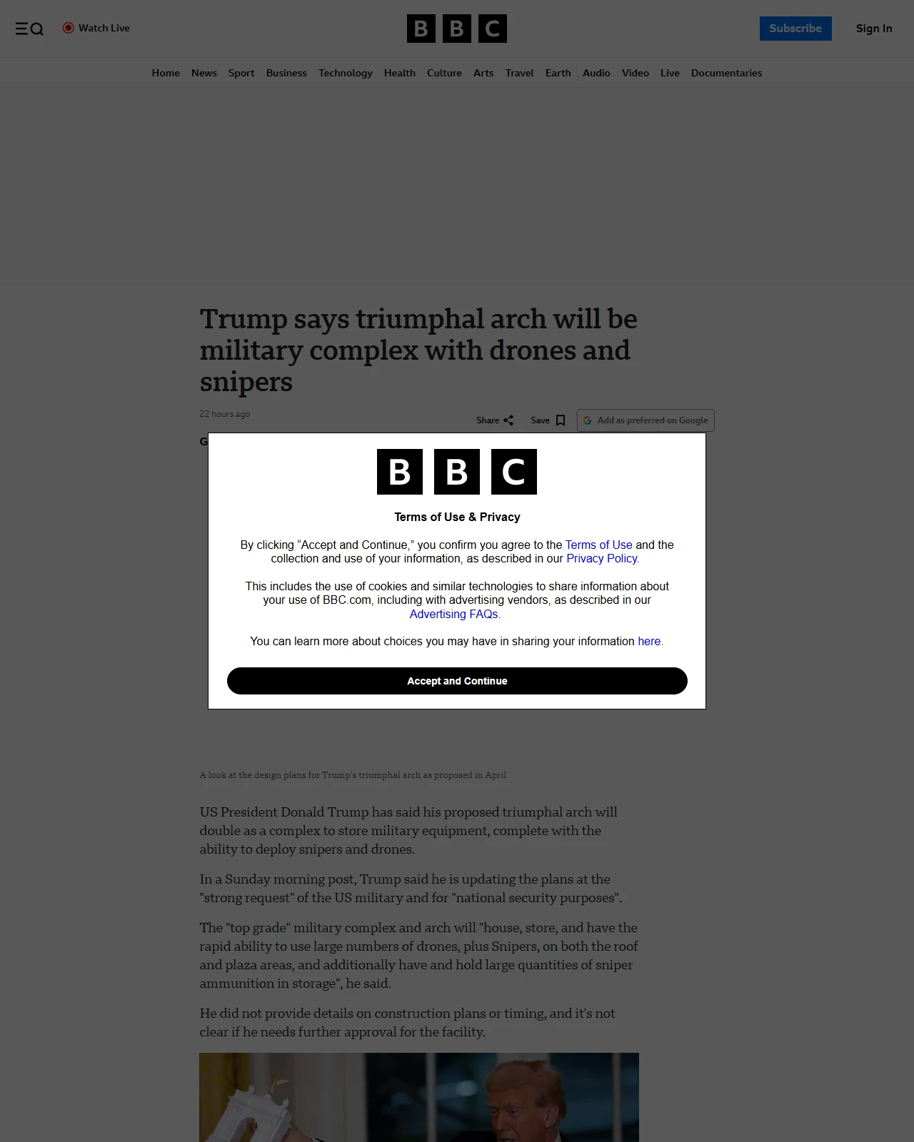 bbc.co.uk as published: Trump says triumphal arch will be military complex with drones and snipers