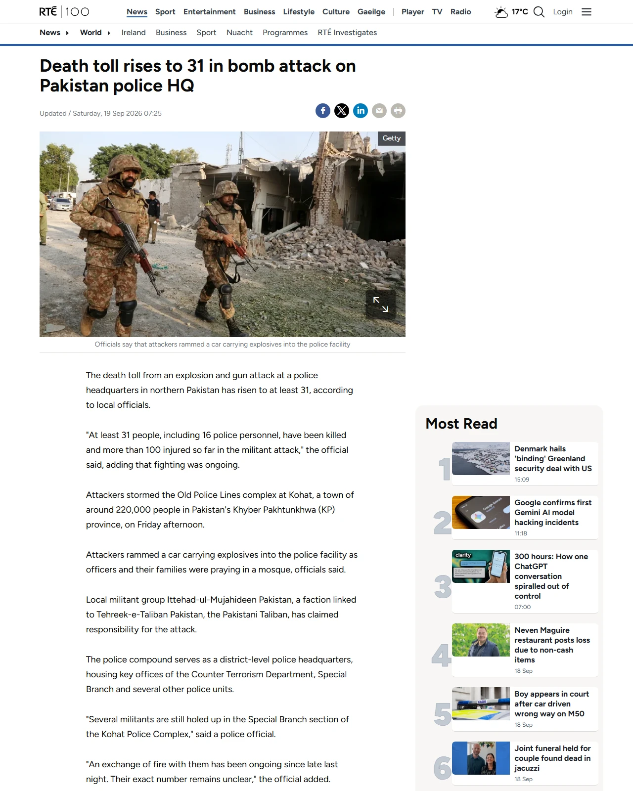 rte.ie as published: Death toll rises to 31 in Pakistan police HQ bomb attack