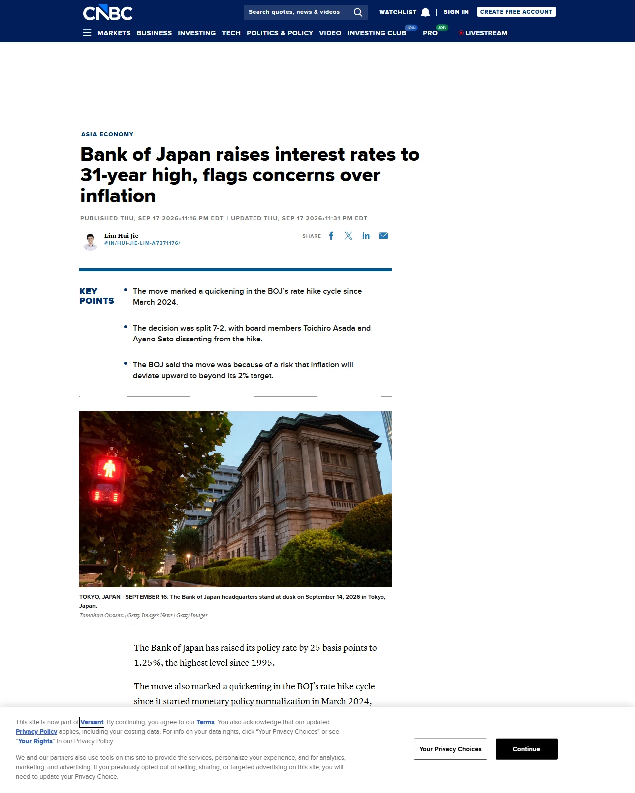 cnbc.com as published: Bank of Japan raises interest rates to 31-year high, flags concerns over inflation