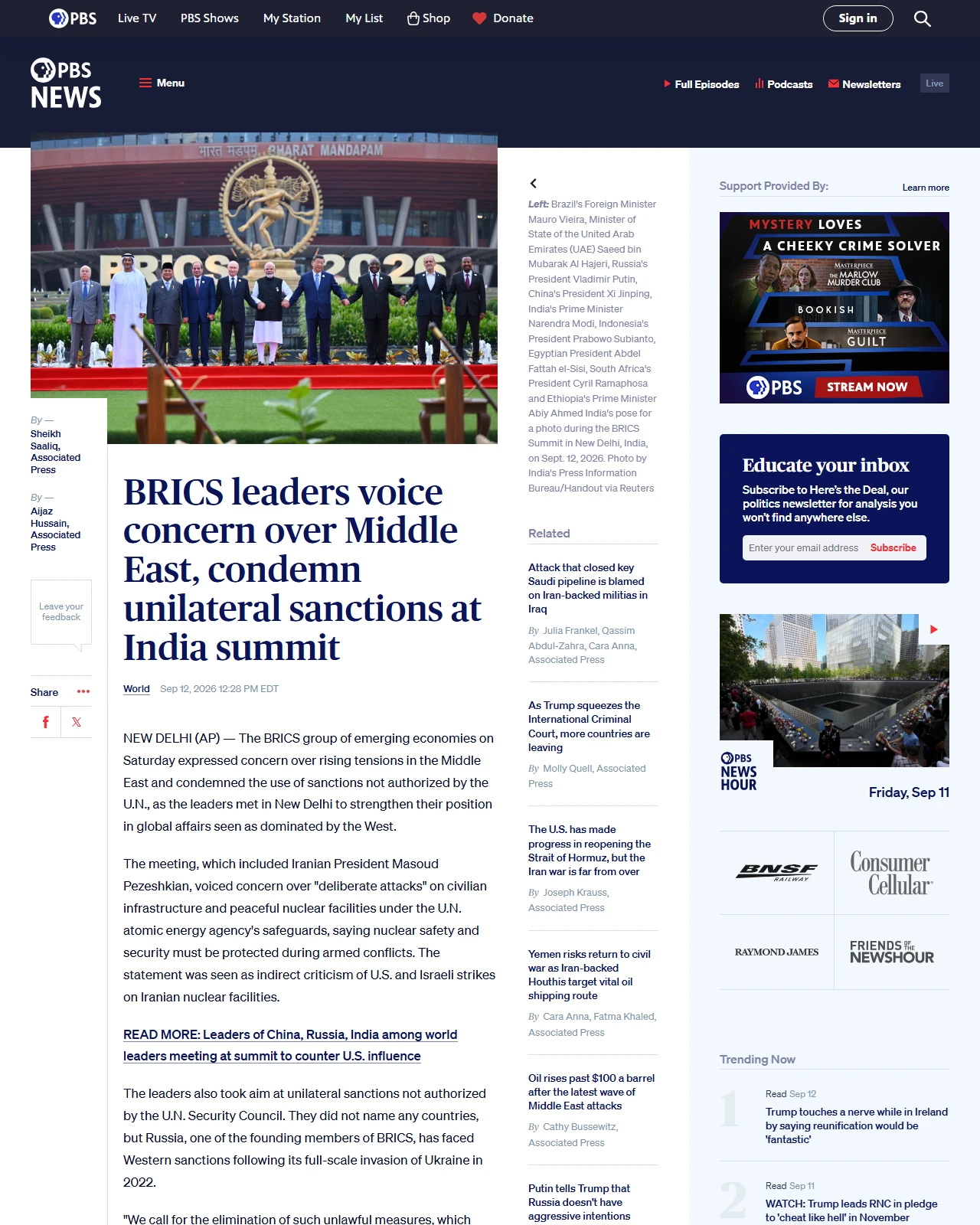 pbs.org as published: BRICS leaders voice concern over Middle East, condemn unilateral sanctions at India summit