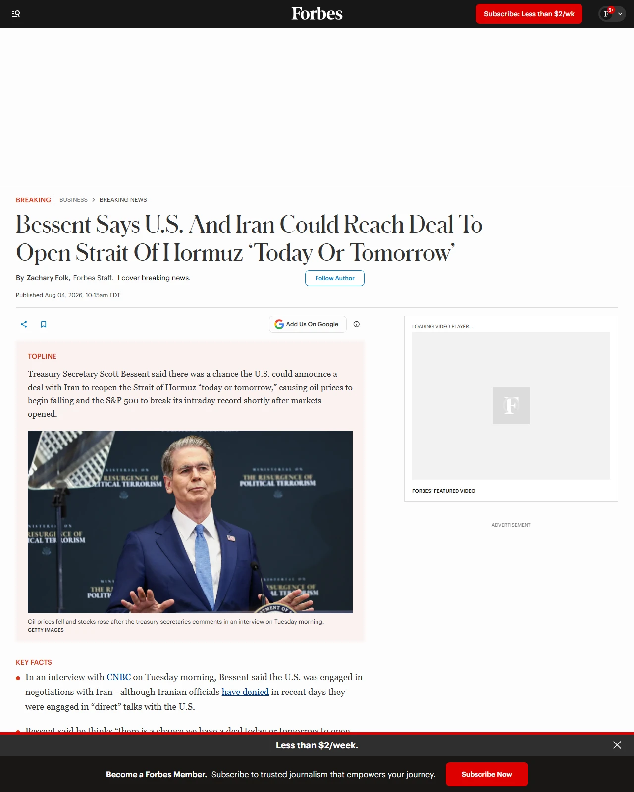 forbes.com as published: Bessent Says U.S. and Iran Could Reach Deal To Open Strait of Hormuz ‘Today Or Tomorrow’