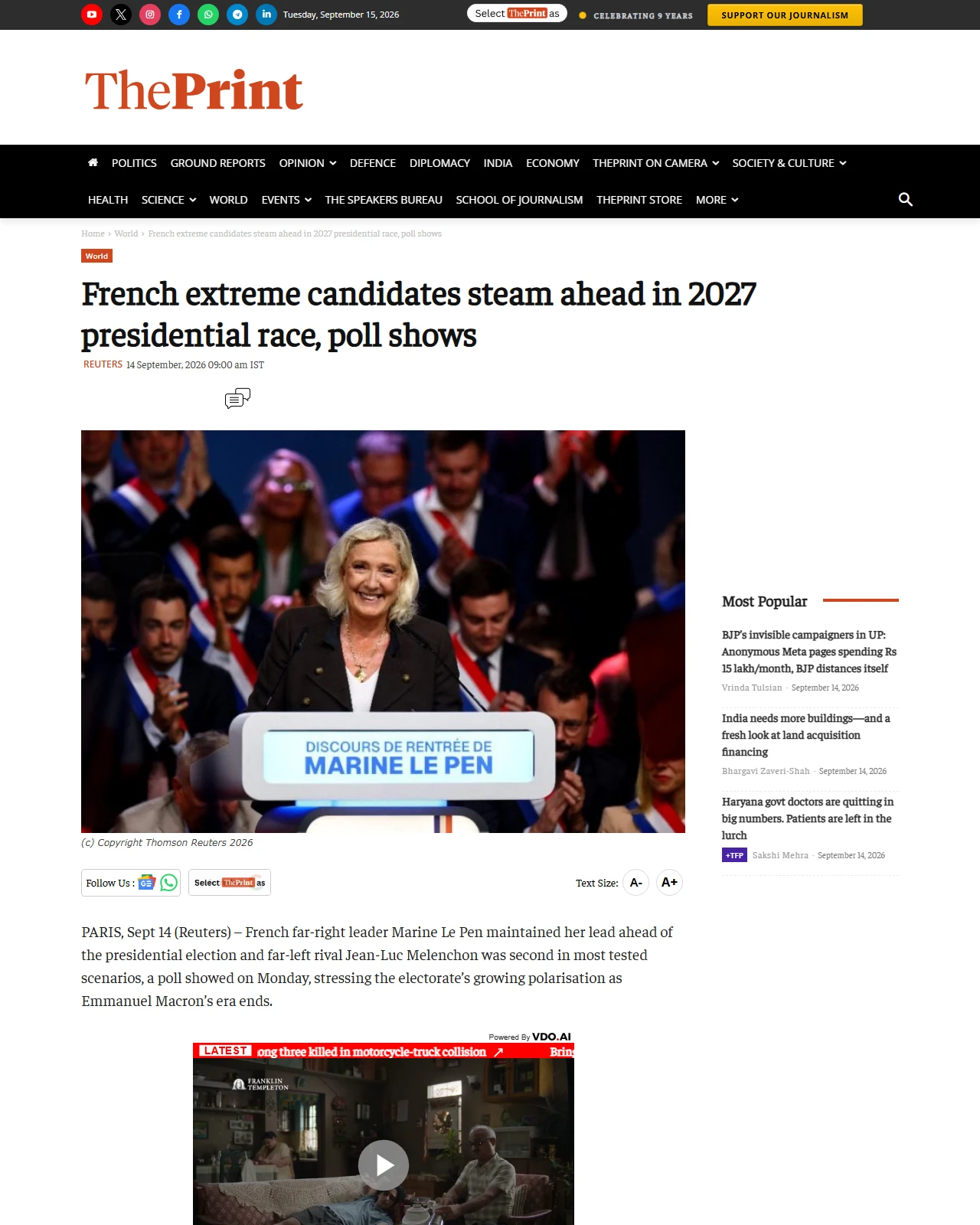 theprint.in as published: French extreme candidates steam ahead in 2027 presidential race, poll shows