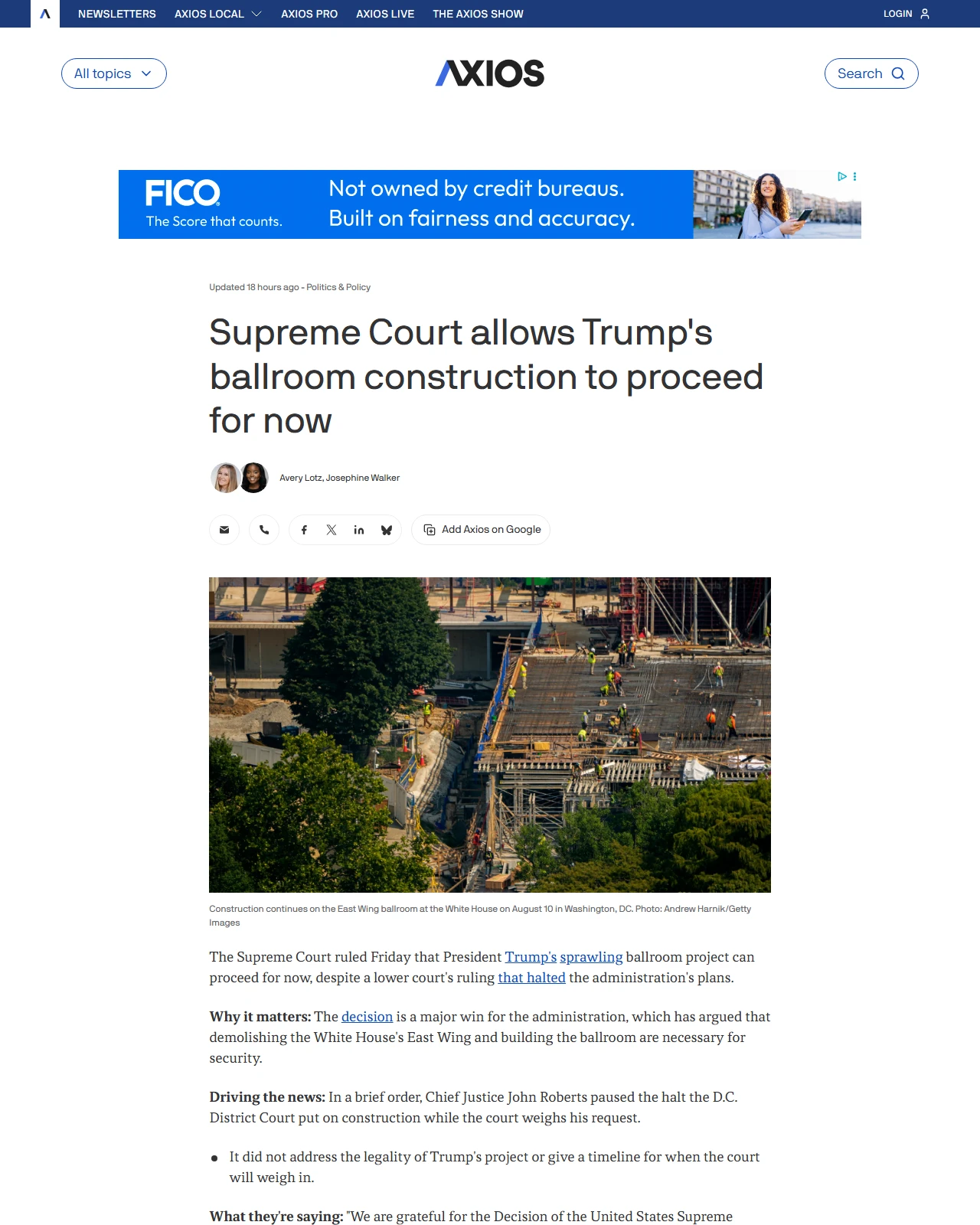 axios.com as published: Supreme Court allows Trump's ballroom construction to proceed for now