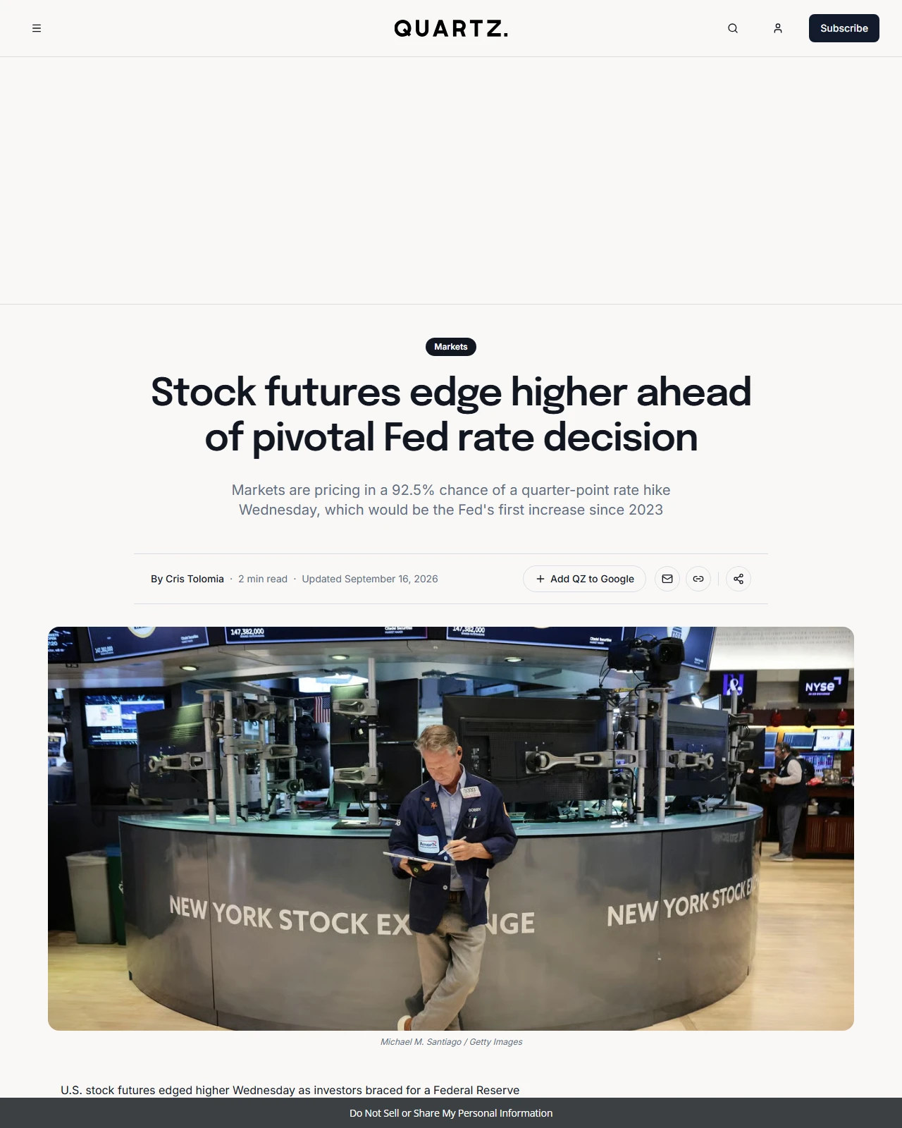 qz.com as published: Stock futures rise ahead of Fed interest rate decision Sept. 2026