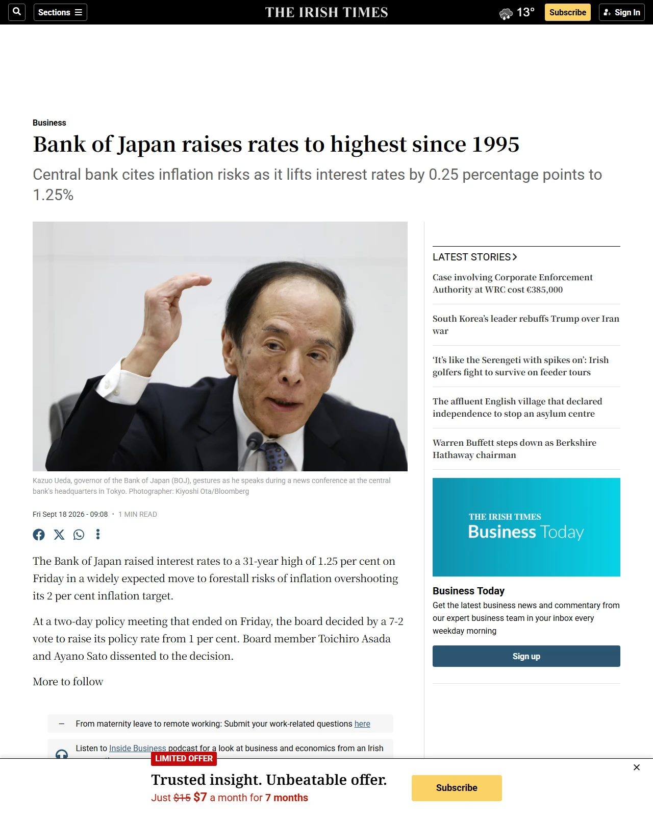 irishtimes.com as published: Bank of Japan raises rates to highest since 1995