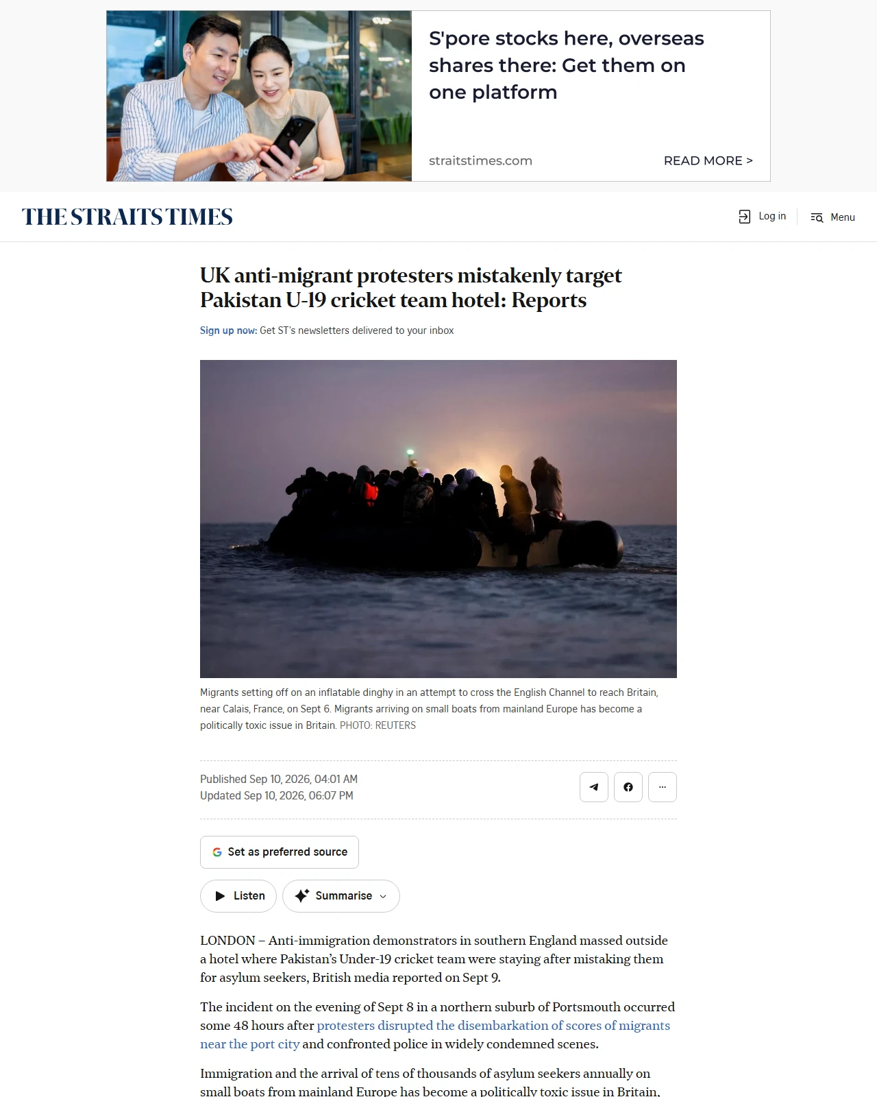 straitstimes.com as published: UK anti-migrant protesters mistakenly target Pakistan U-19 cricket team hotel: Reports