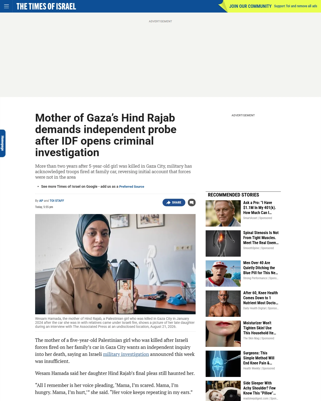 timesofisrael.com as published: Mother of Gaza’s Hind Rajab demands independent probe after IDF opens criminal investigation