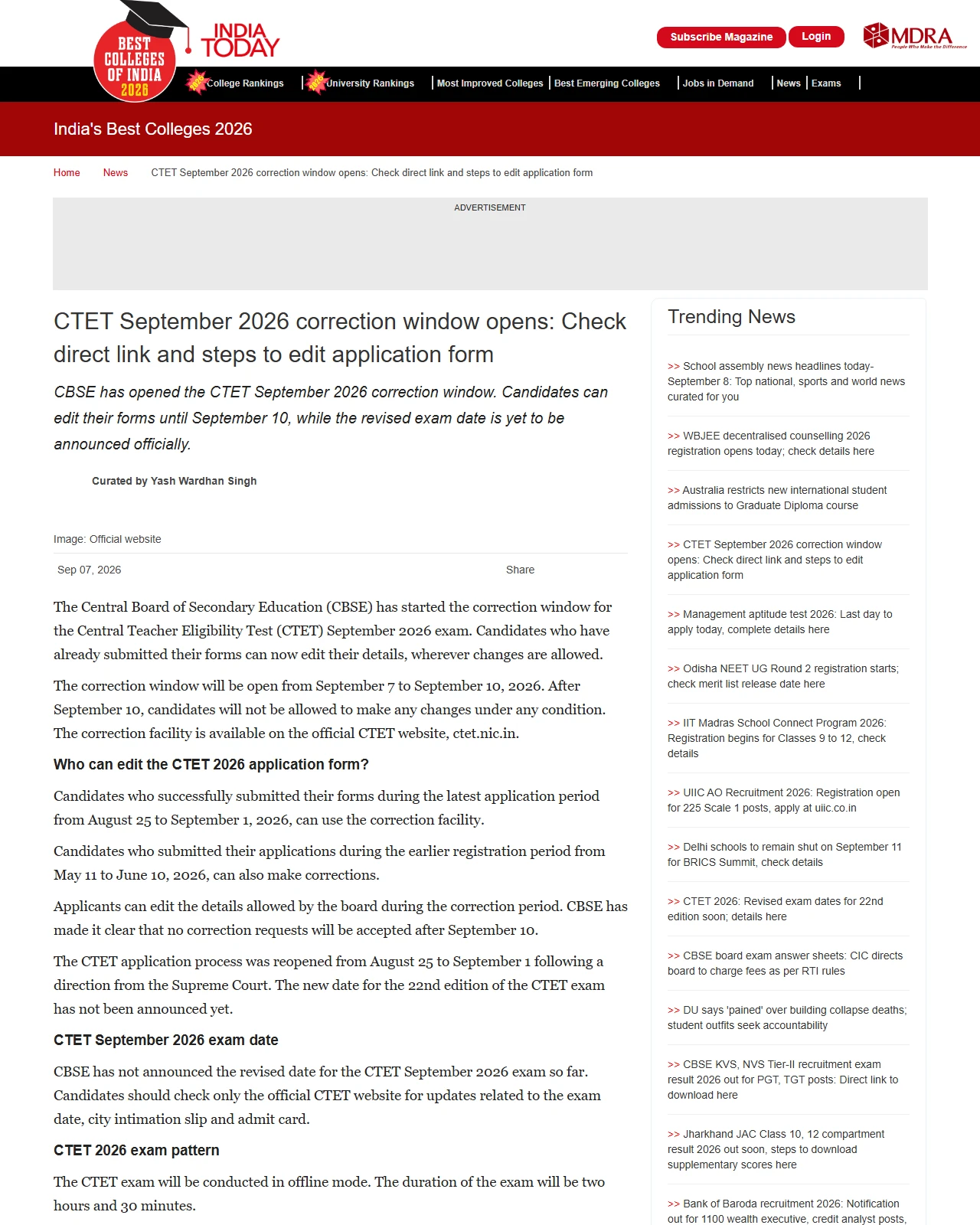 bestcolleges.indiatoday.in as published: CTET September 2026 correction window opens: Check direct link and steps to edit application form