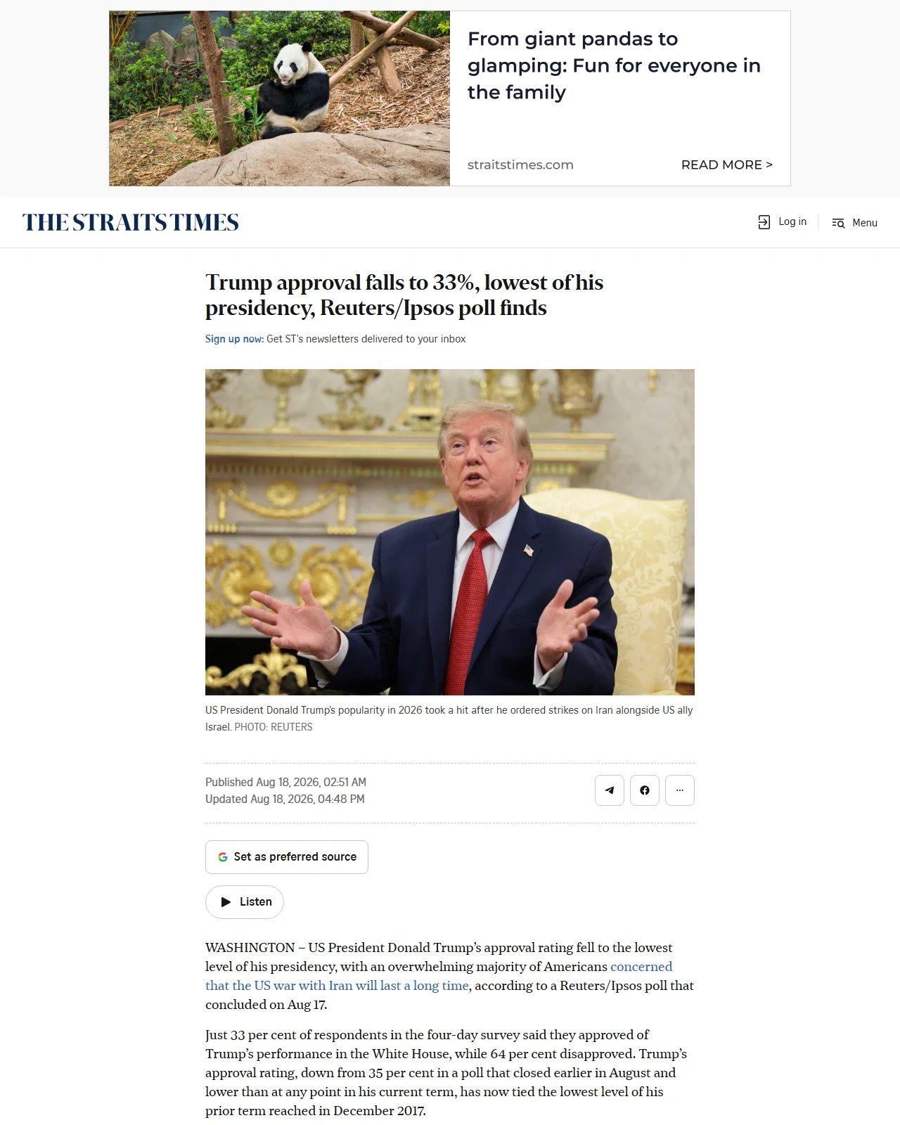 straitstimes.com as published: Trump approval falls to 33%, lowest of his presidency, Reuters/Ipsos poll finds