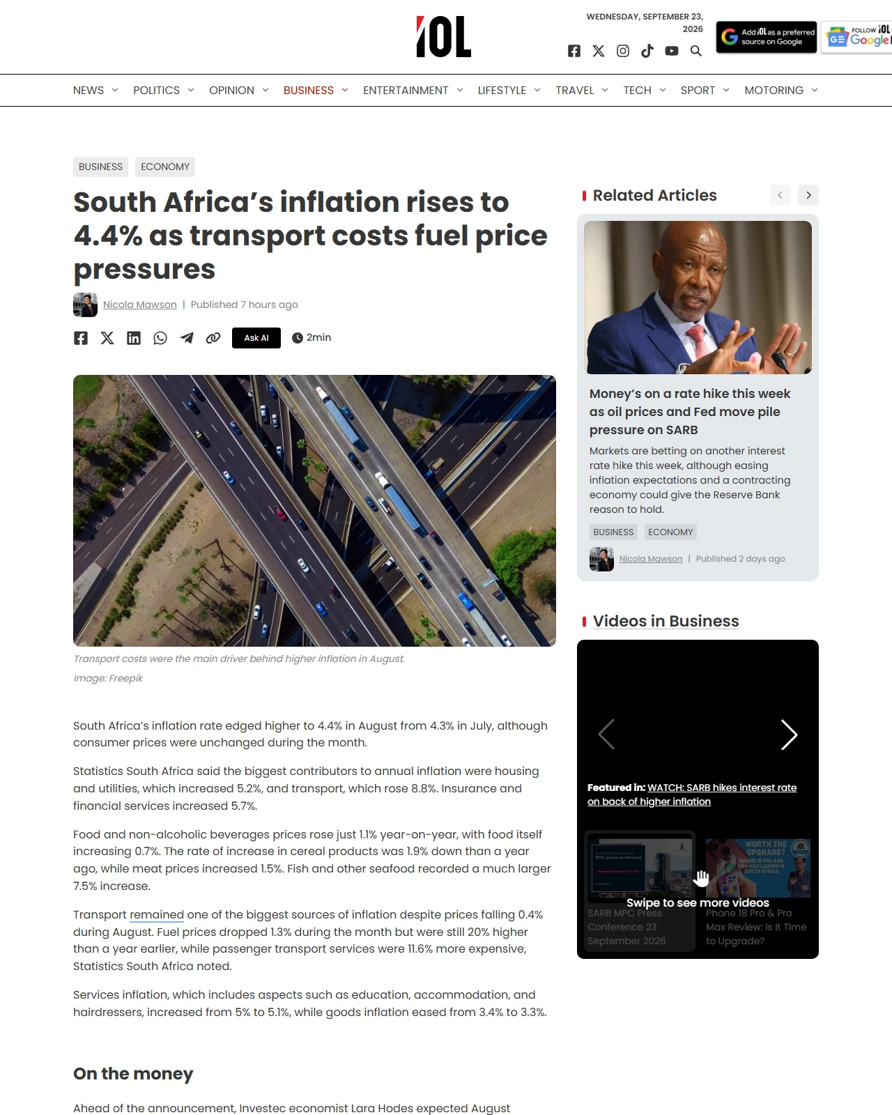 iol.co.za as published: South Africa’s inflation rises to 4.4% as transport costs fuel price pressures
