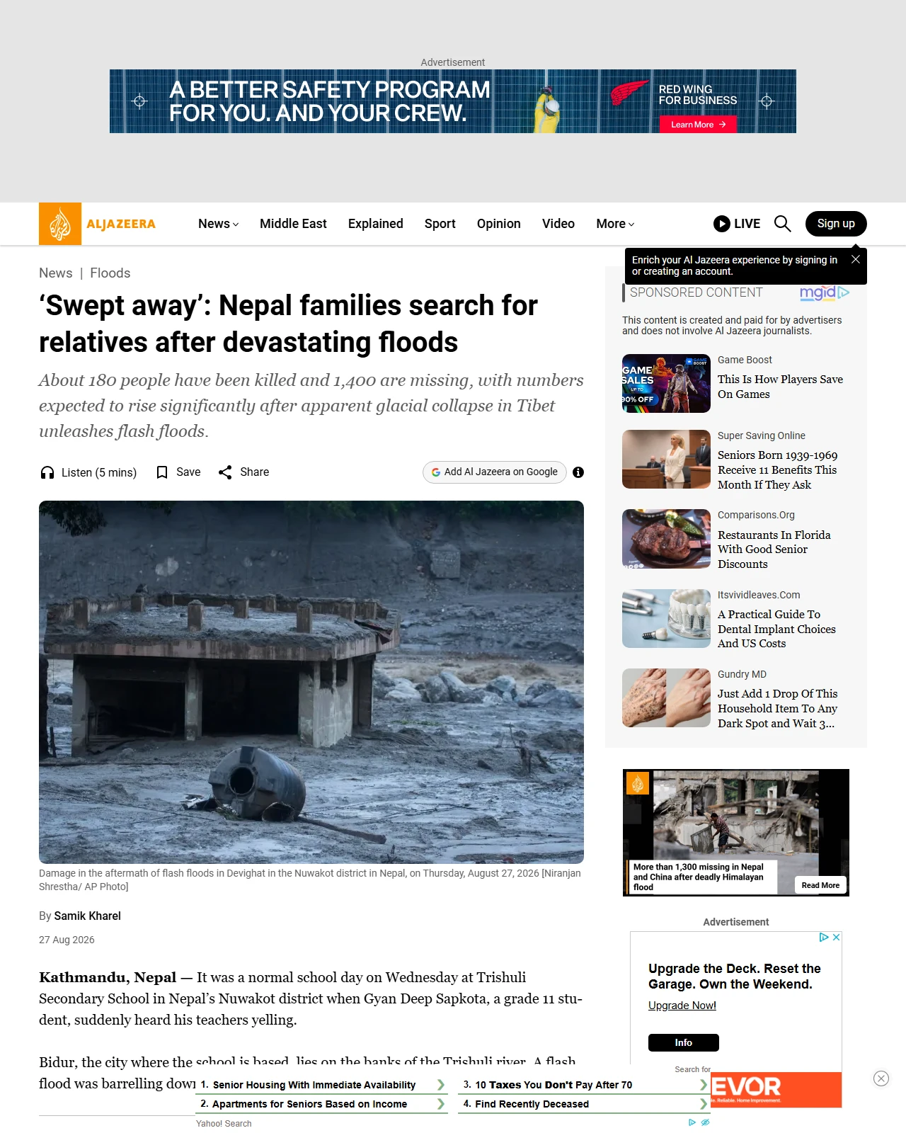 aljazeera.com as published: ‘Swept away’: Nepal families search for relatives after devastating floods