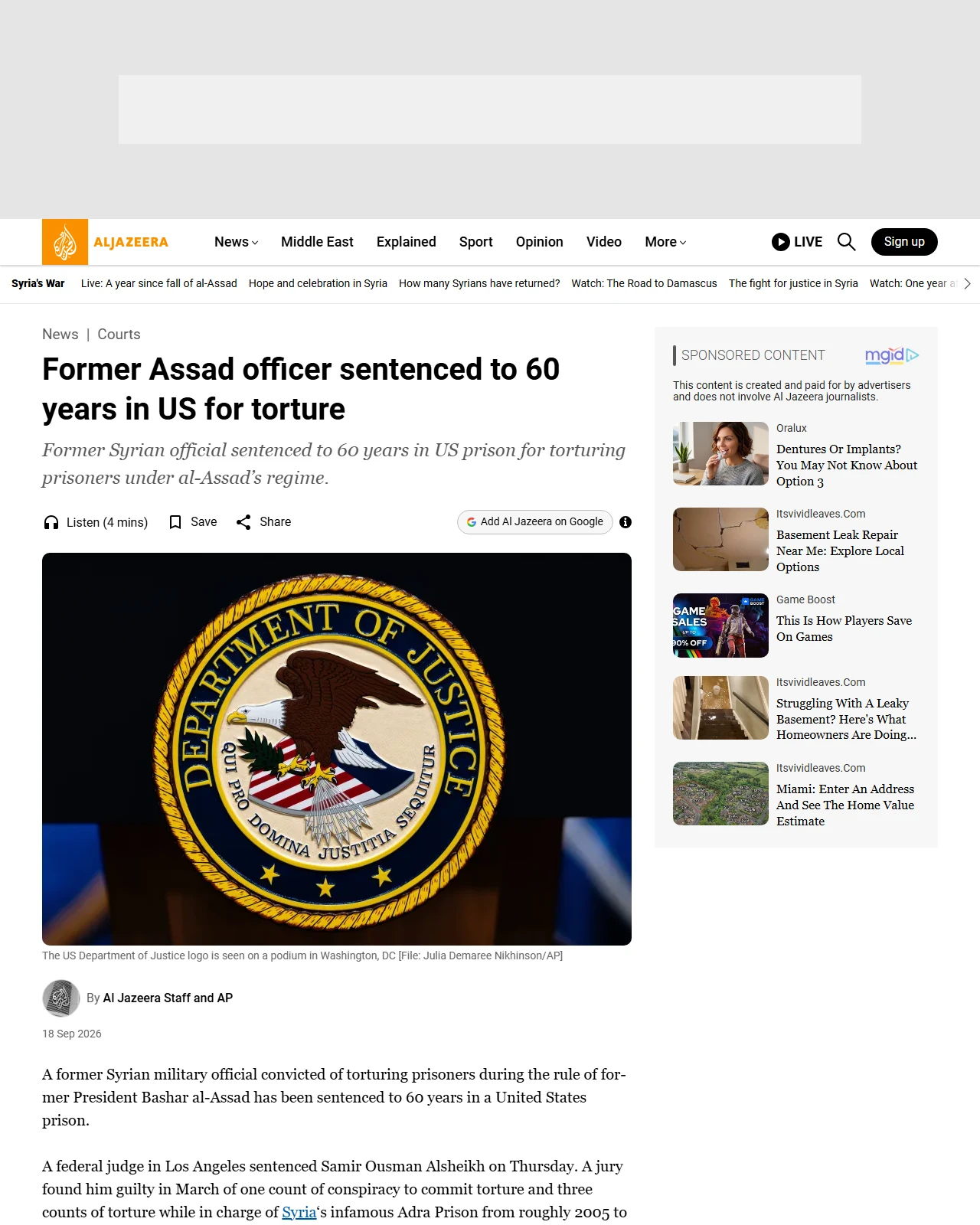 aljazeera.com as published: Former Assad officer sentenced to 60 years in US for torture