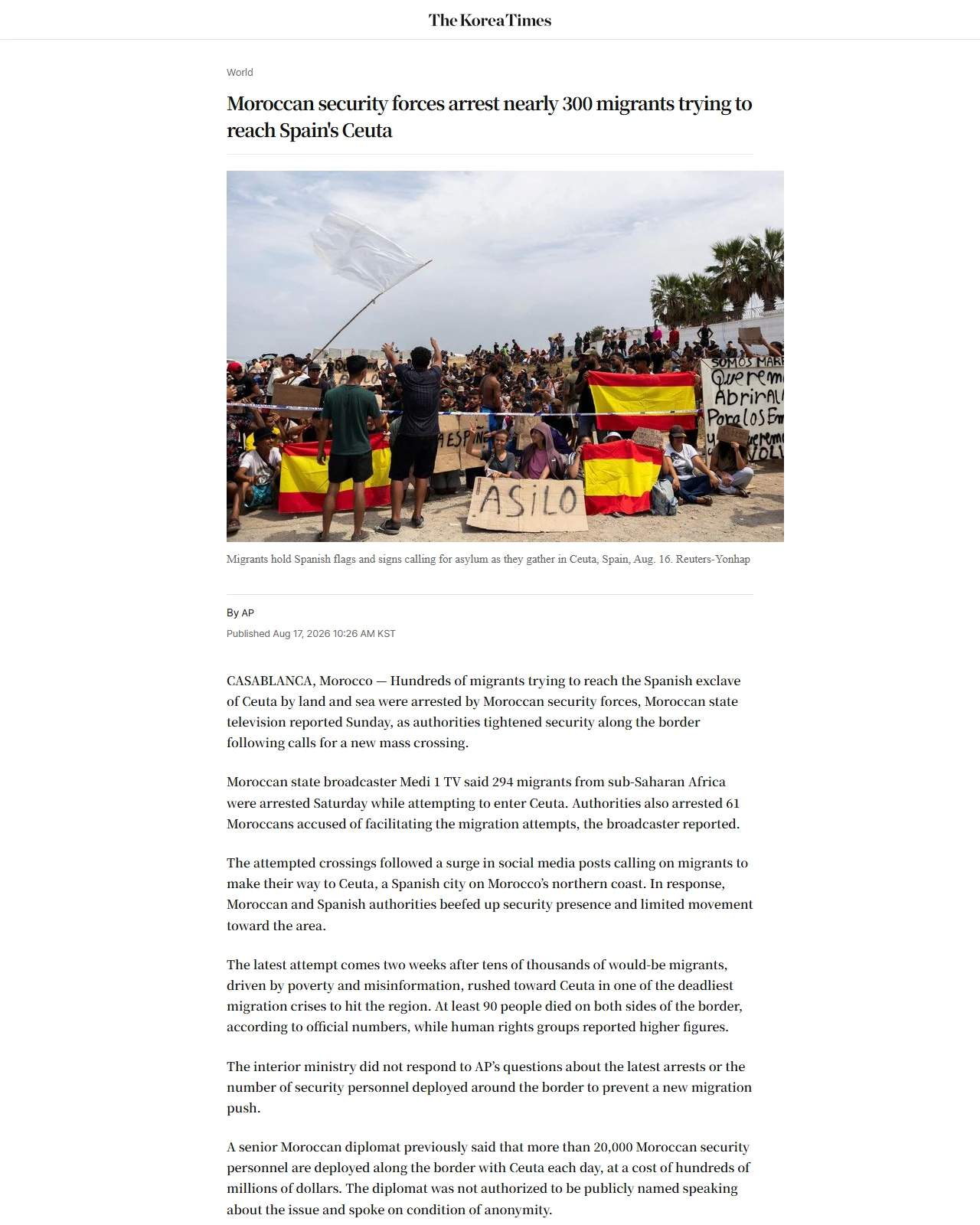koreatimes.co.kr as published: Moroccan security forces arrest nearly 300 migrants trying to reach Spain's Ceuta