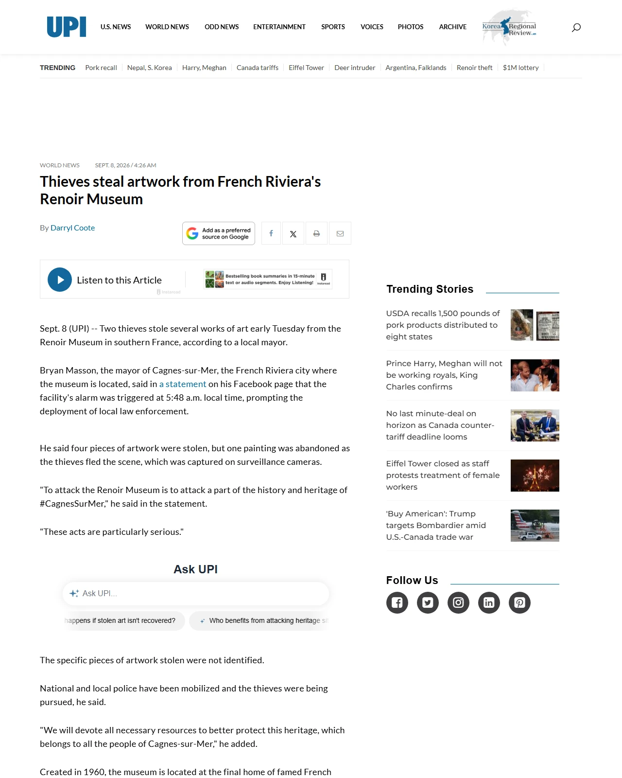 upi.com as published: Thieves steal artwork from French Riviera's Renoir Museum