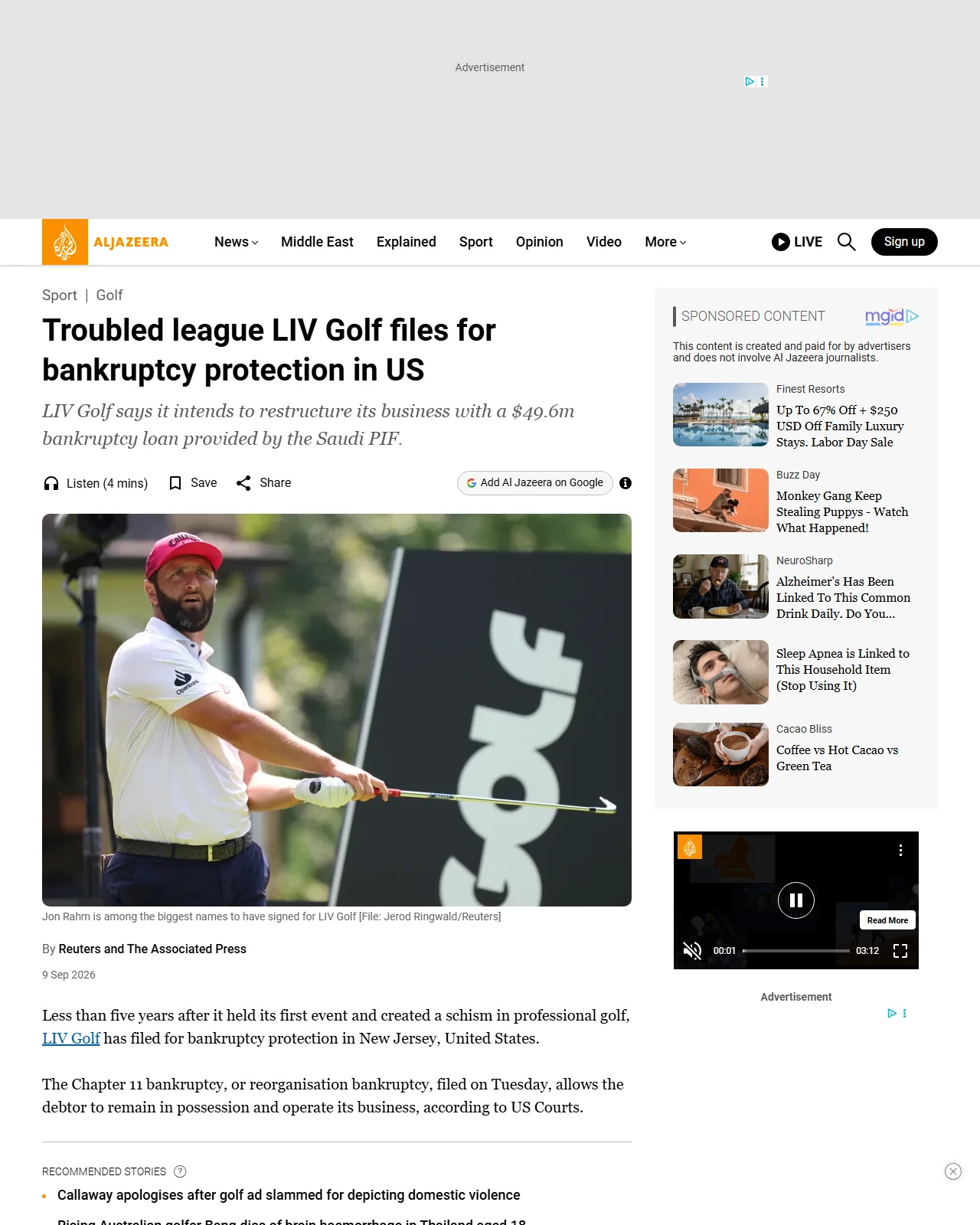 aljazeera.com as published: Troubled league LIV Golf files for bankruptcy protection in US