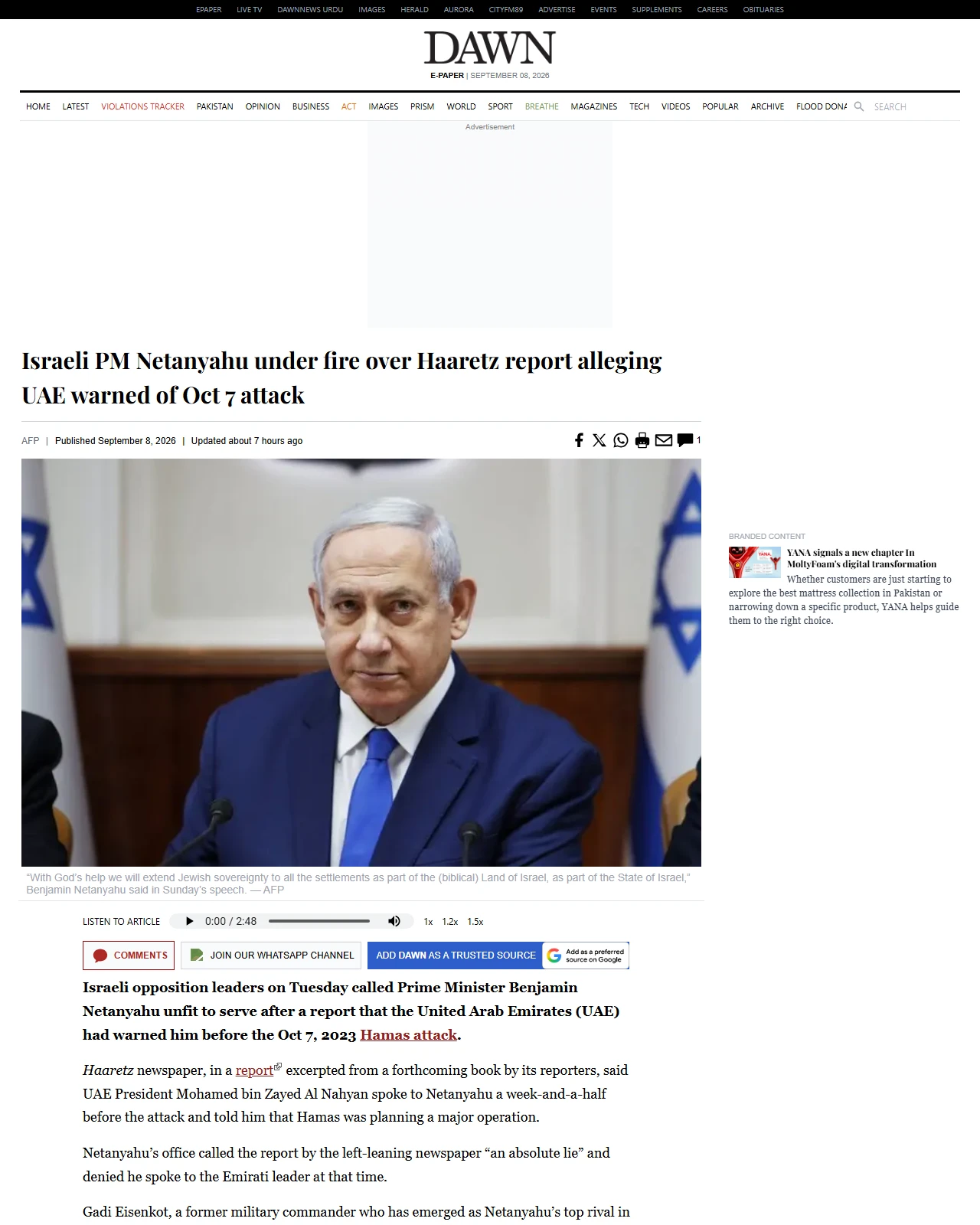 dawn.com as published: Israeli PM Netanyahu under fire over Haaretz report alleging UAE warned of Oct 7 attack