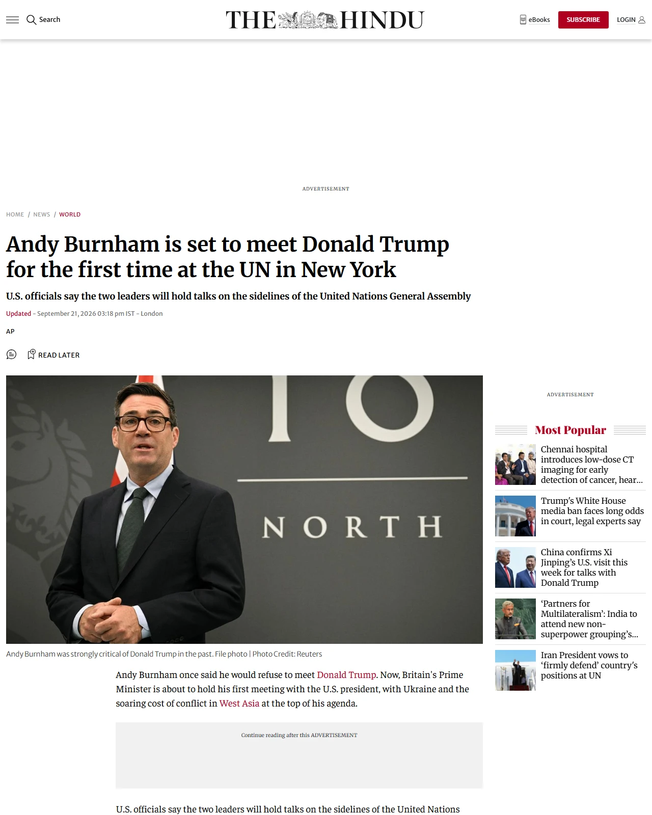 thehindu.com as published: Andy Burnham is set to meet Donald Trump for the first time at the UN in New York