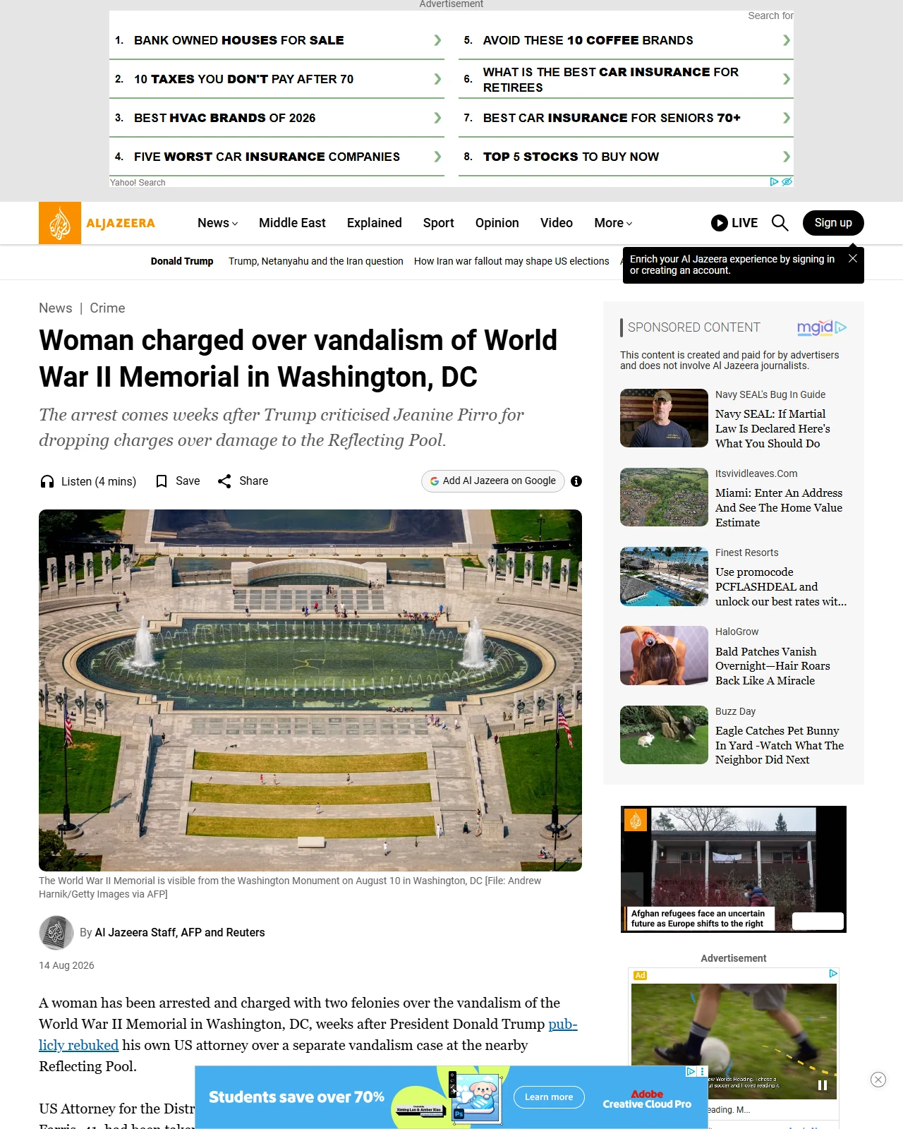 aljazeera.com as published: Woman charged over vandalism of World War II Memorial in Washington, DC