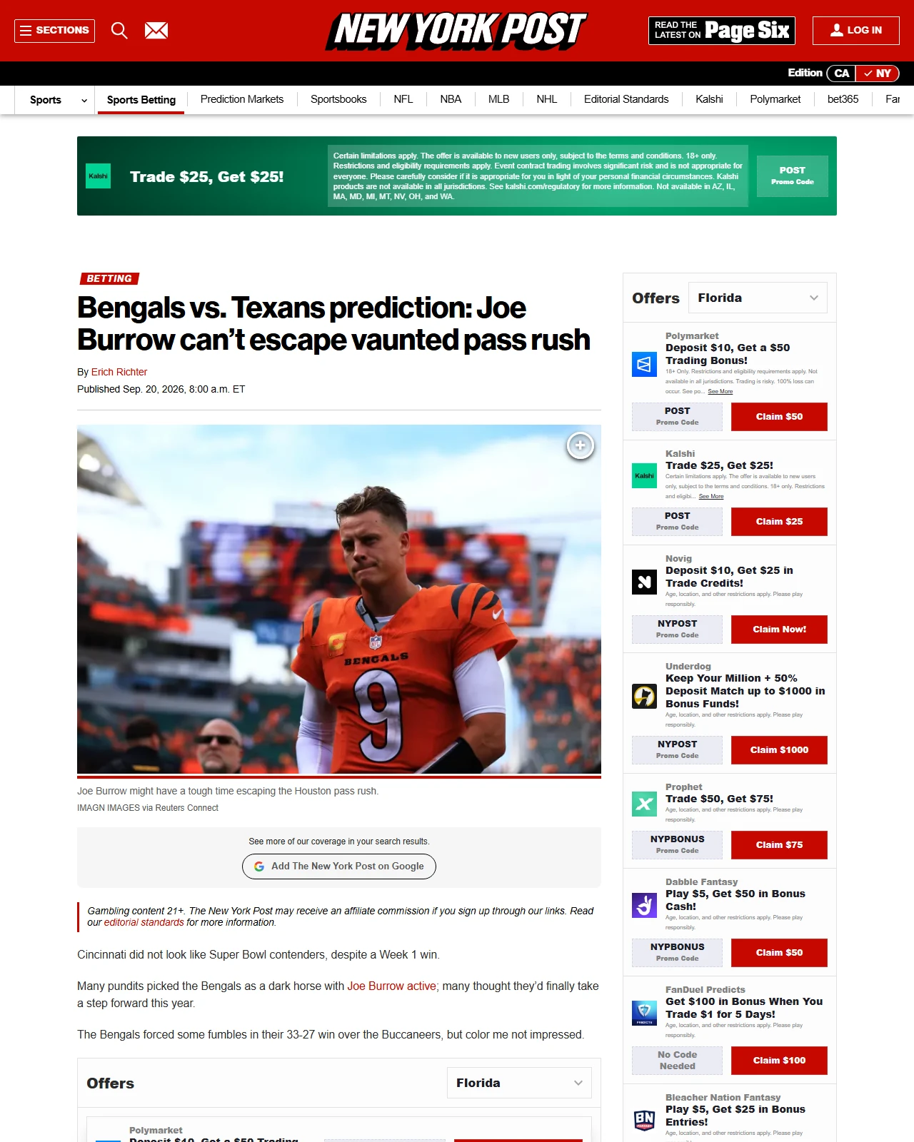nypost.com as published: Bengals vs. Texans prediction: Joe Burrow can’t escape vaunted pass rush