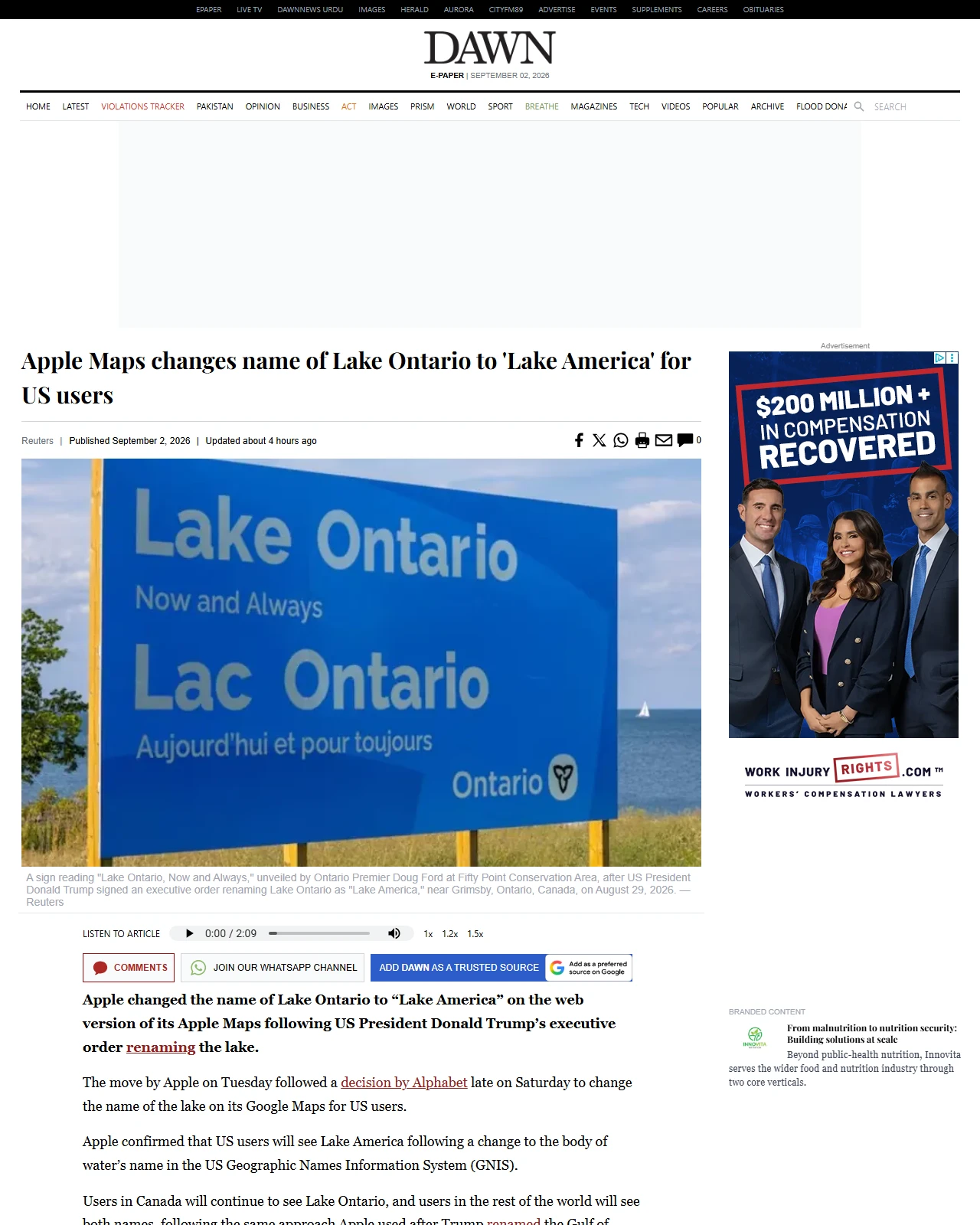 dawn.com as published: Apple Maps changes name of Lake Ontario to 'Lake America' for US users