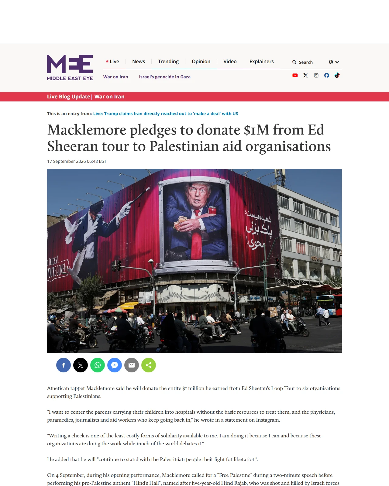 middleeasteye.net as published: Macklemore pledges to donate $1M from Ed Sheeran tour to Palestinian aid organisations